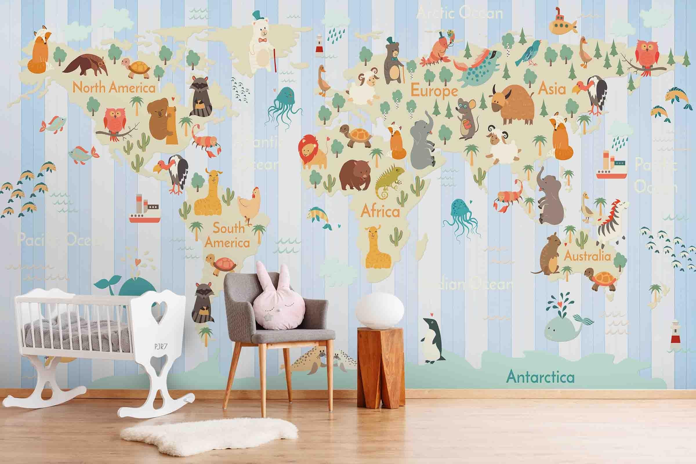3D World Map Cartoon Animal Wall Mural Wallpaper WJ 6722- Jess Art Decoration