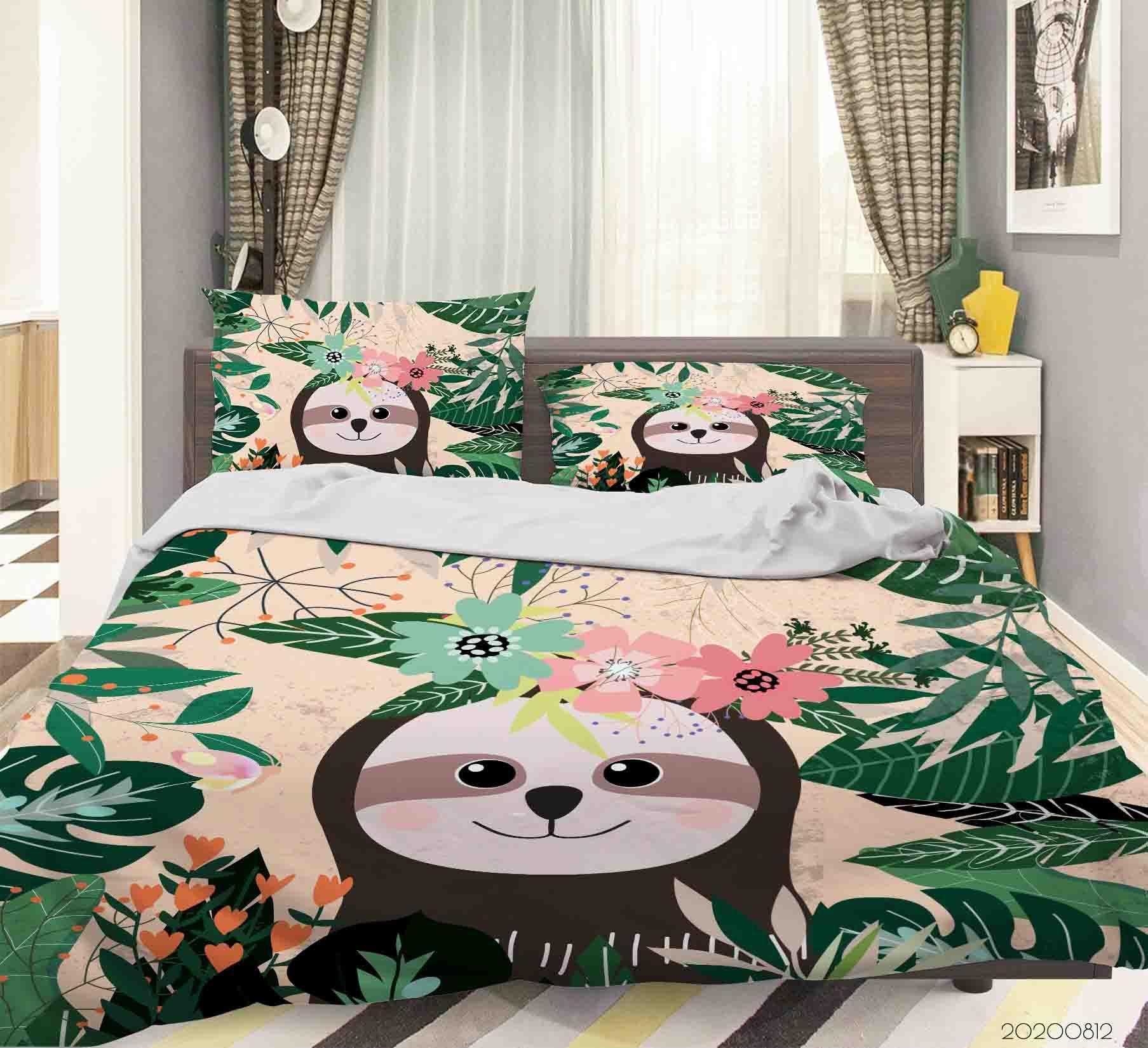 3D Cartoon Floral Plant Sloth Quilt Cover Set Bedding Set Duvet Cover Pillowcases LXL- Jess Art Decoration