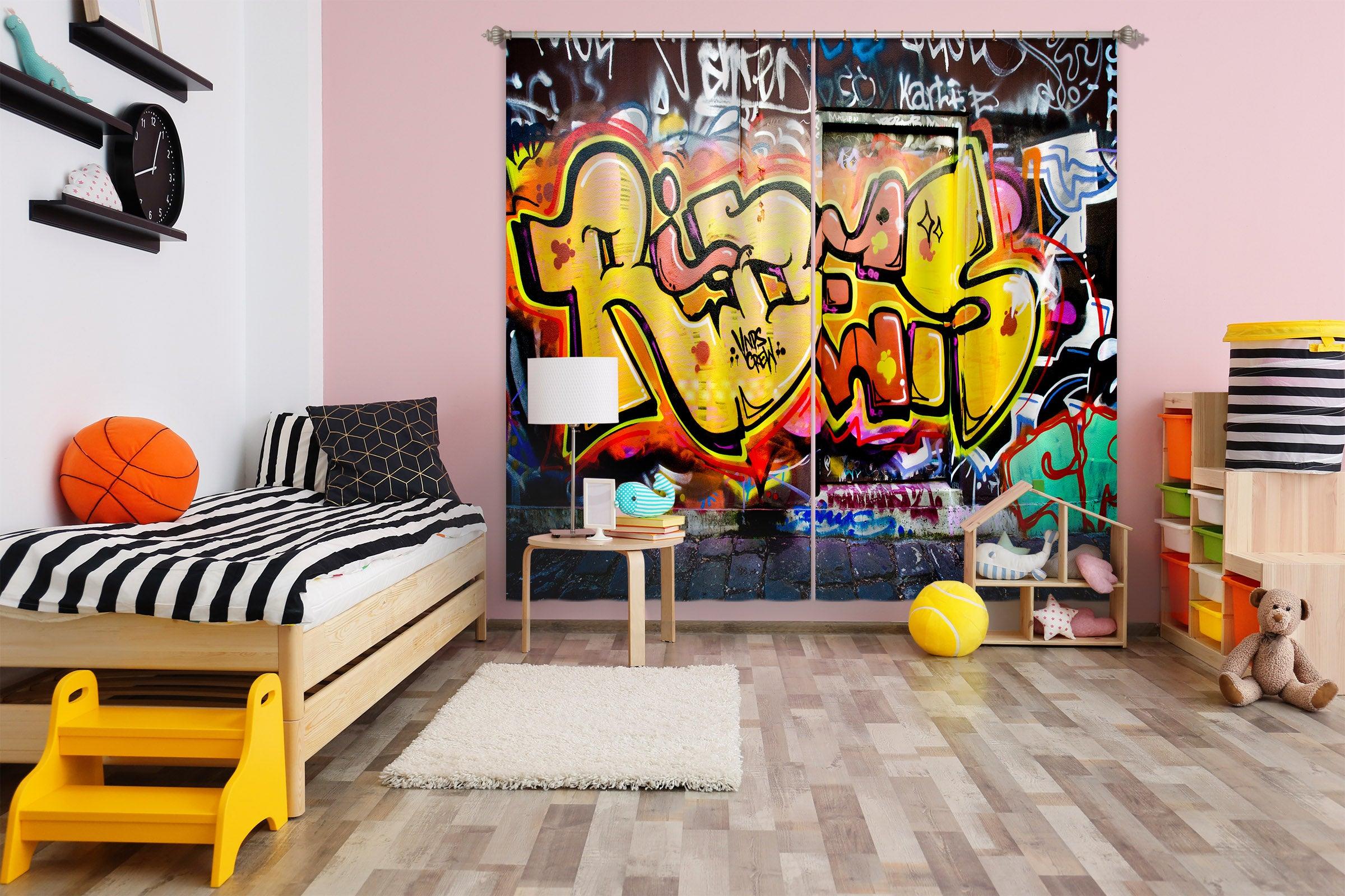 3D Yellow Graffiti Curtains and Drapes A9- Jess Art Decoration