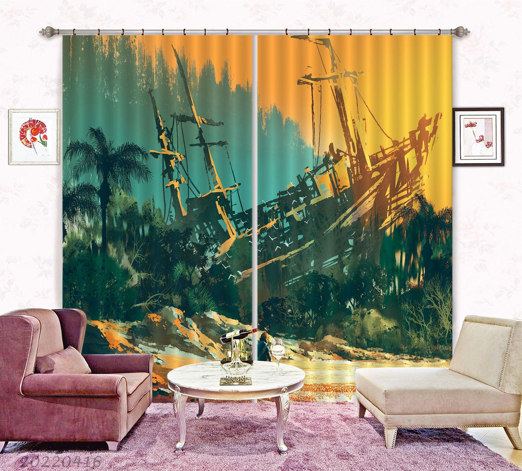 3D Castaway Island Beach Abandoned Boat Sunset Painting Curtains and Drapes GD 4698- Jess Art Decoration