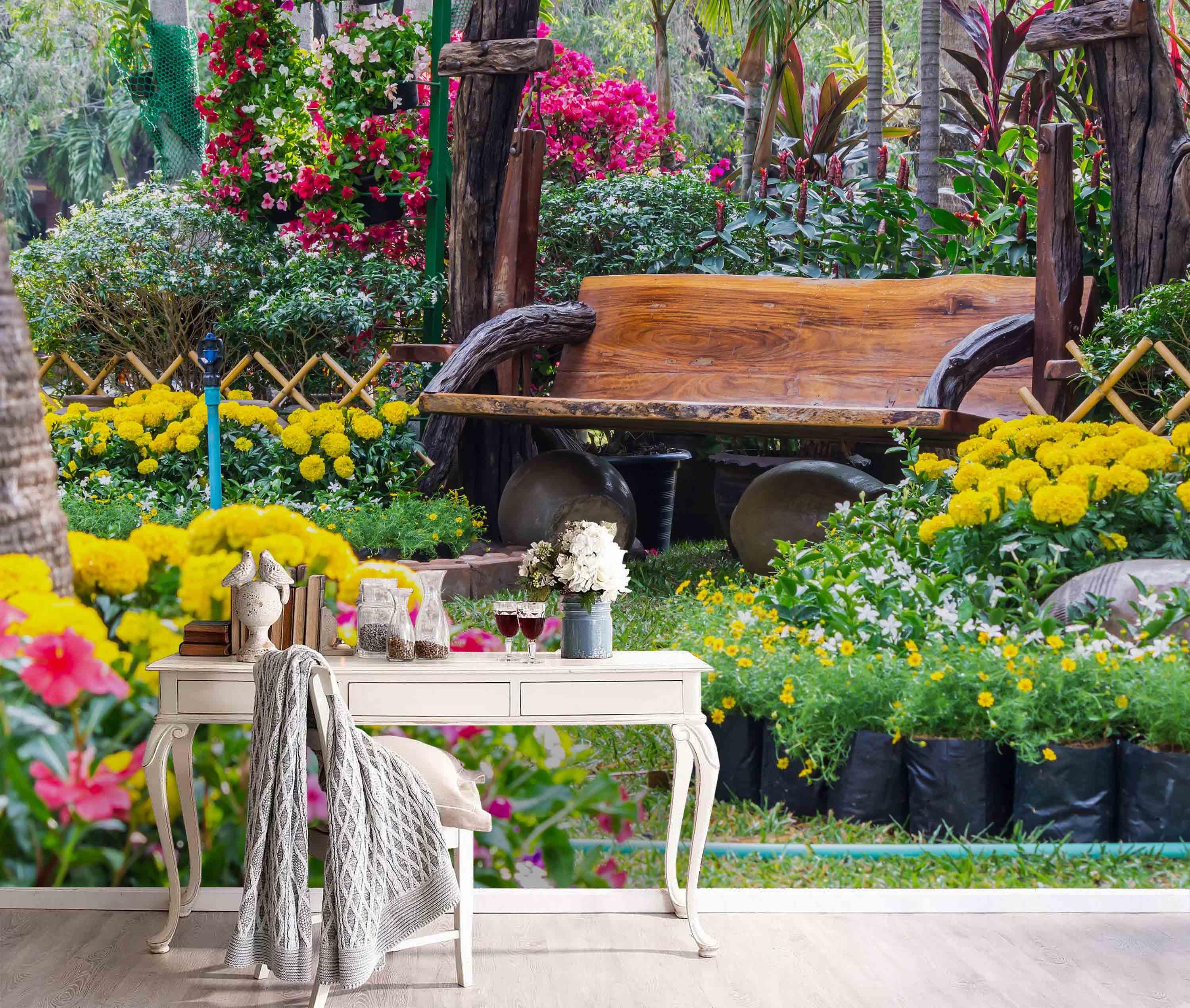 3D Bench Flower Plants Tree Wall Mural Wallpaper 151- Jess Art Decoration