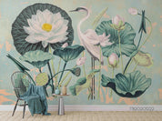 3D Hand Drawn Lotus White Crane Wall Mural Wallpaper LQH 127- Jess Art Decoration