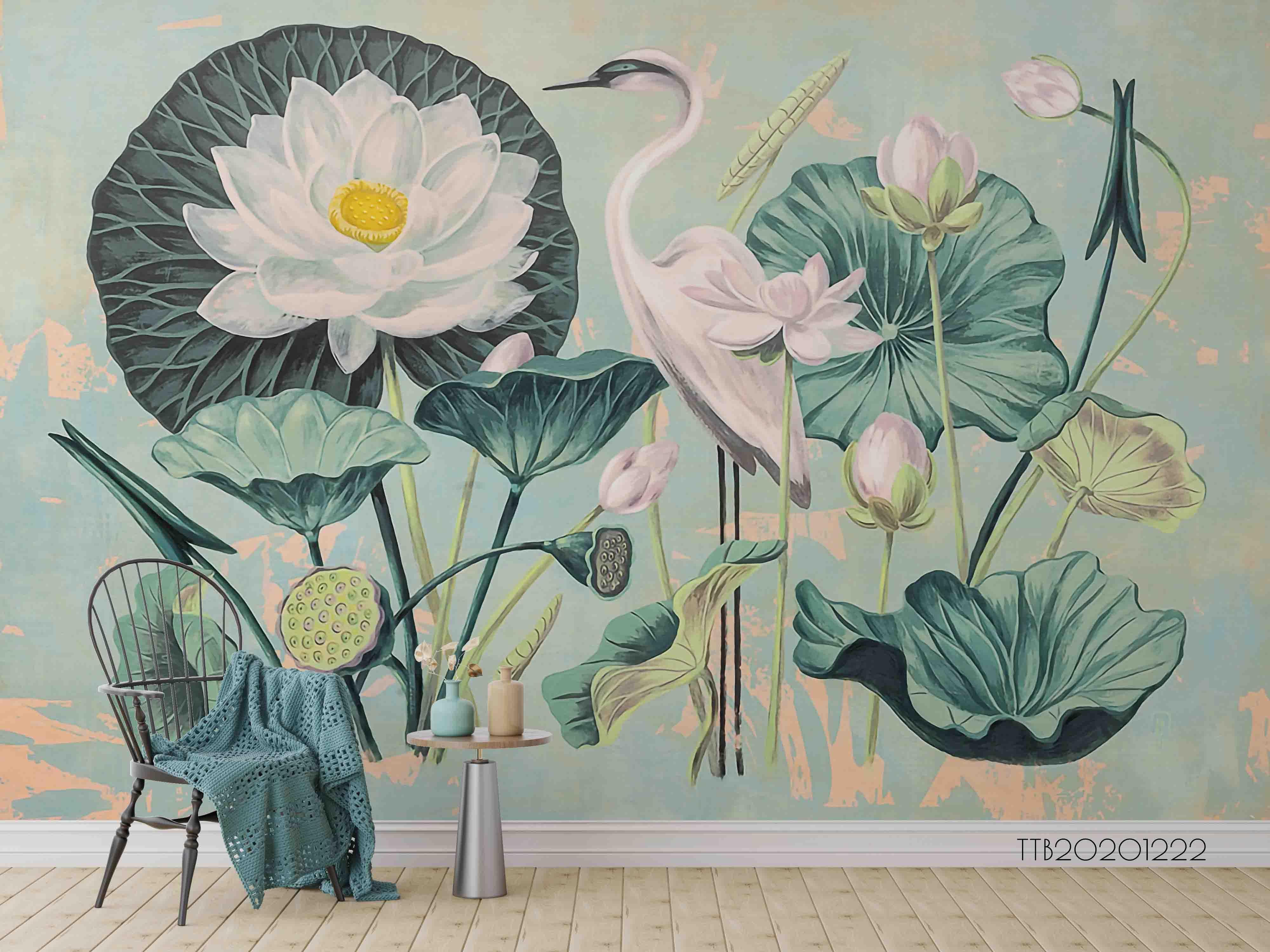 3D Hand Drawn Lotus White Crane Wall Mural Wallpaper LQH 127- Jess Art Decoration