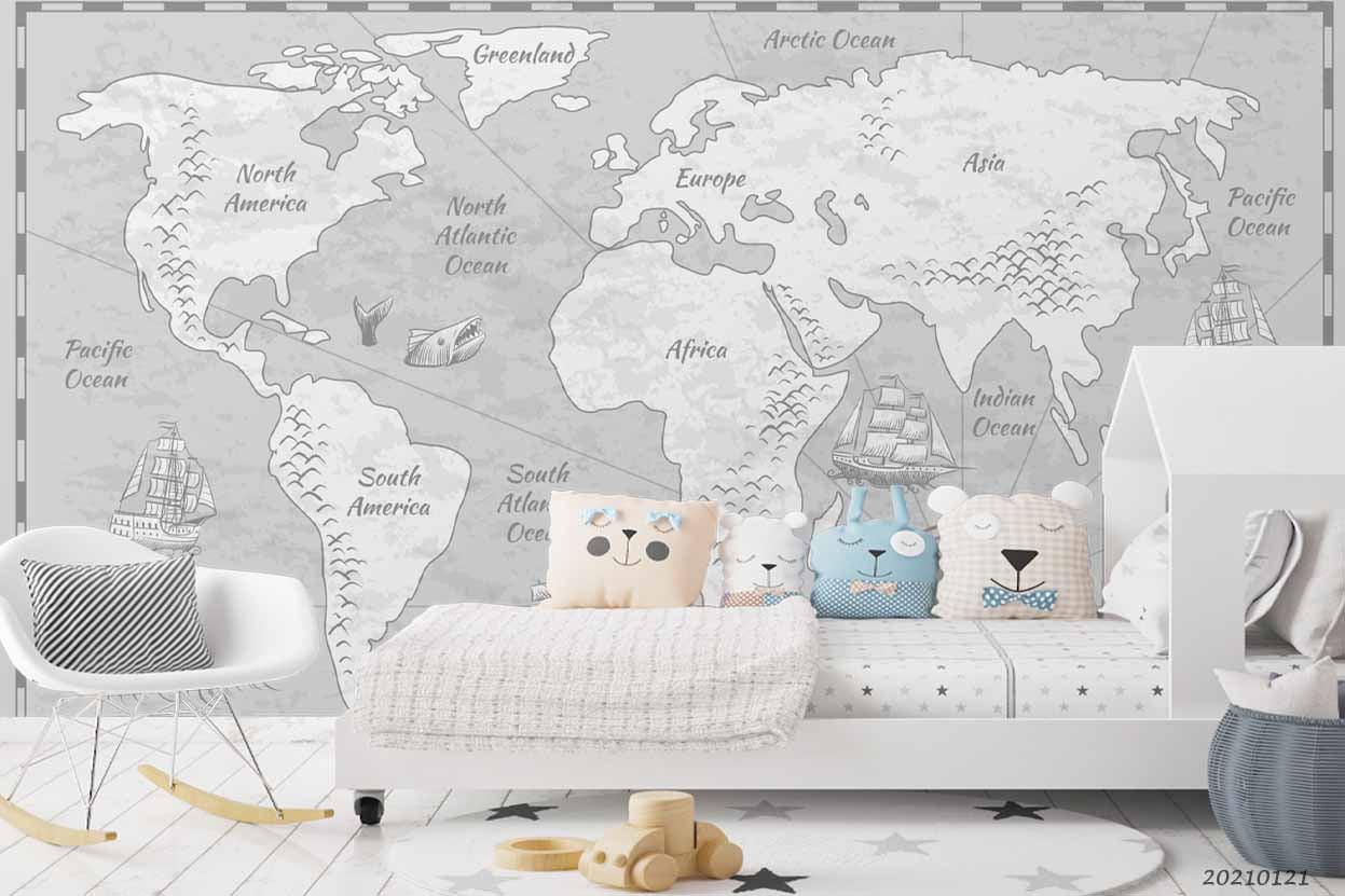 3D Hand Drawn Grey World Map Wall Mural Wallpaper LQH 36- Jess Art Decoration