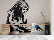 3D Sketch Girl Bird black white sketch girl mural wall mural wallpaper for bedroom - view 2