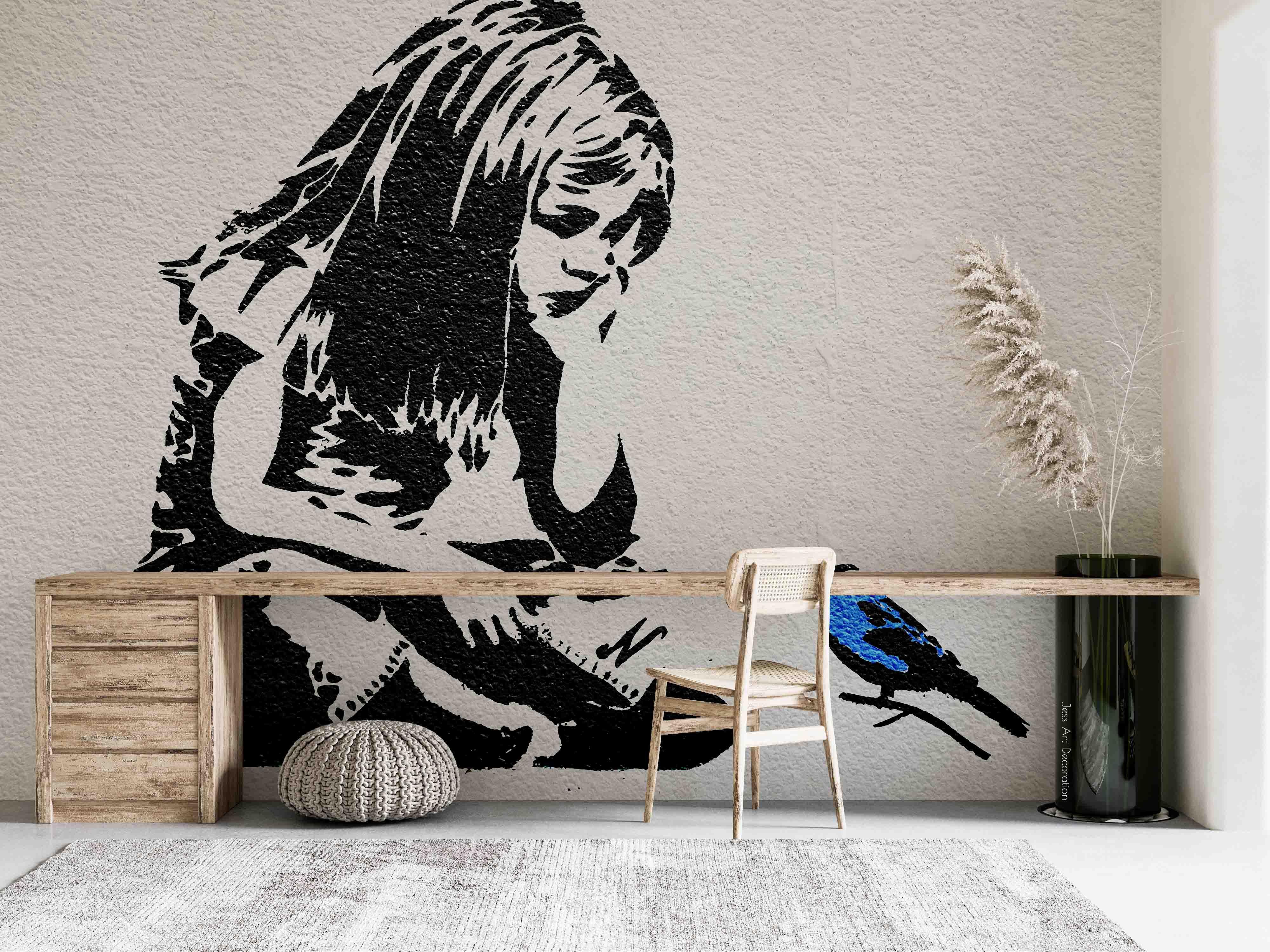 3D Sketch Girl Bird black white sketch girl mural wall mural wallpaper for bedroom - view 2