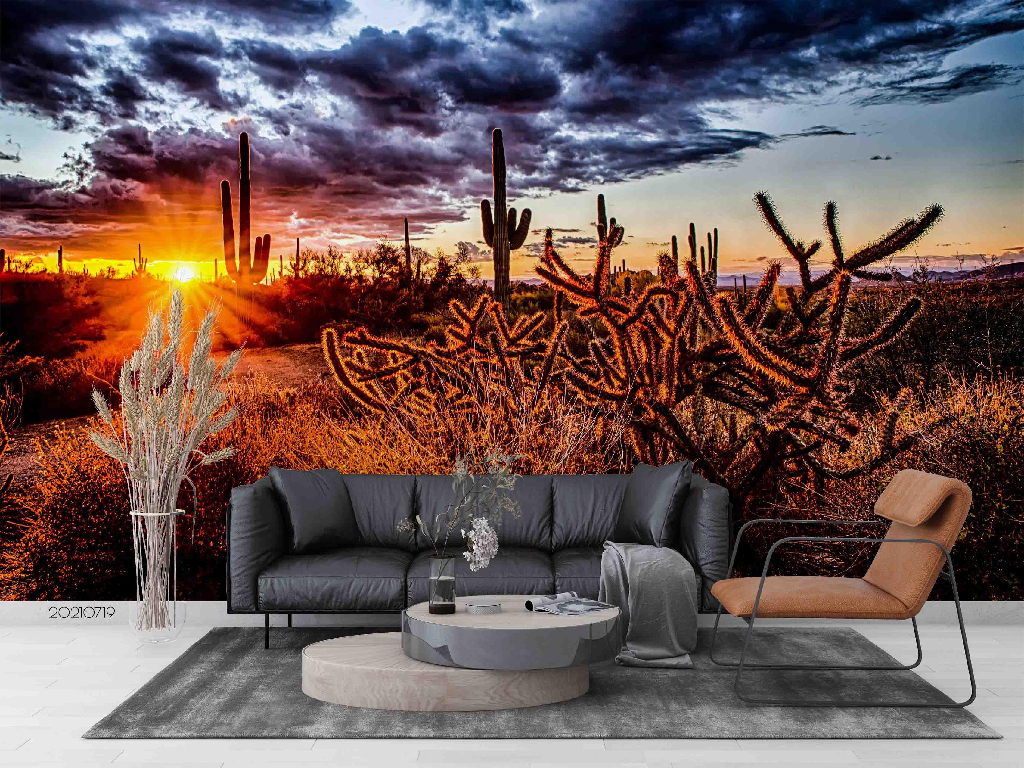 3D Gobi Desert Cactus Setting Sun Wall Mural Wallpaper SWW3062- Jess Art Decoration