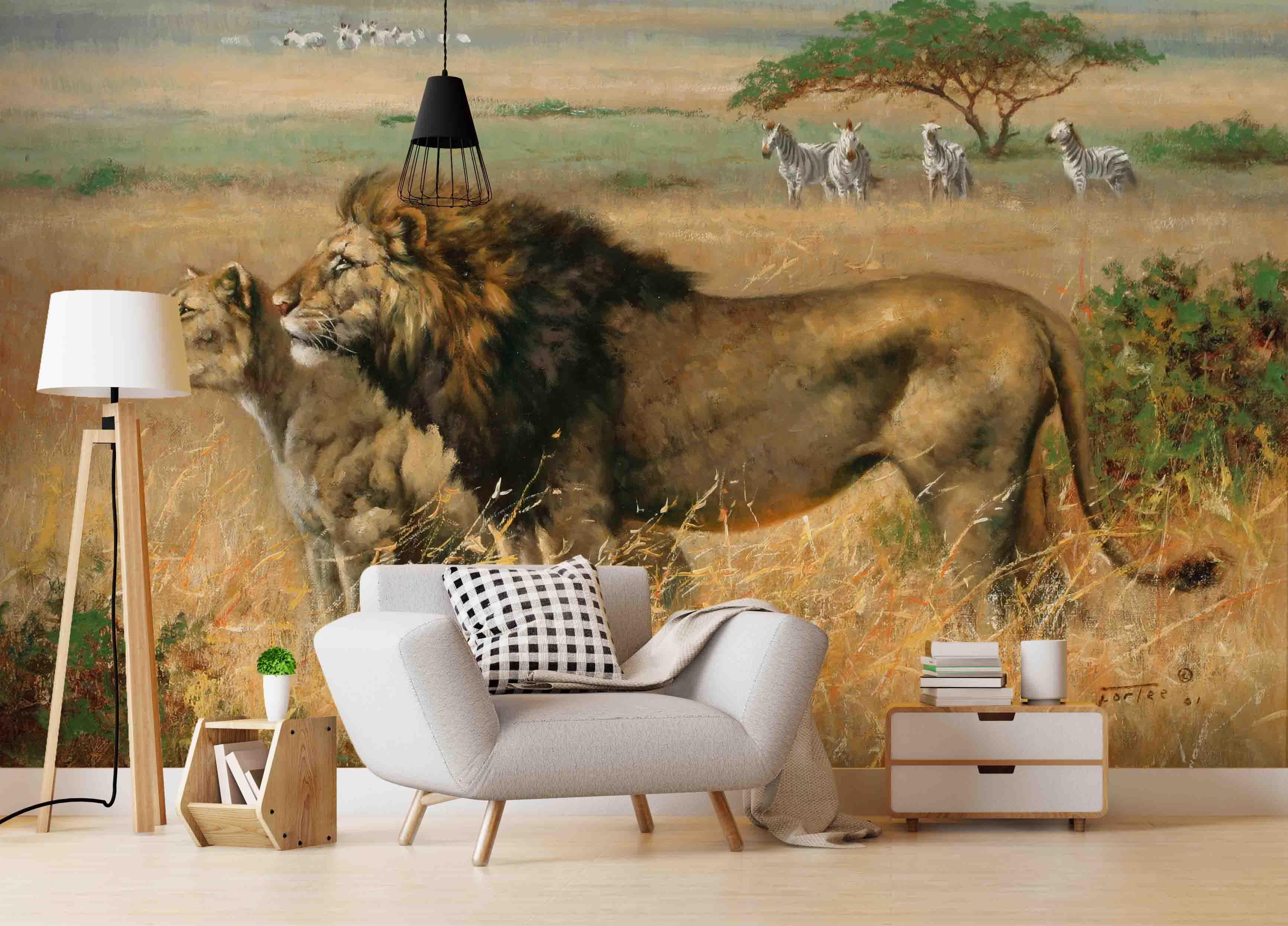 3D Realistic Grassland Lion Animal Wall Mural Wallpaper LXL 1618- Jess Art Decoration