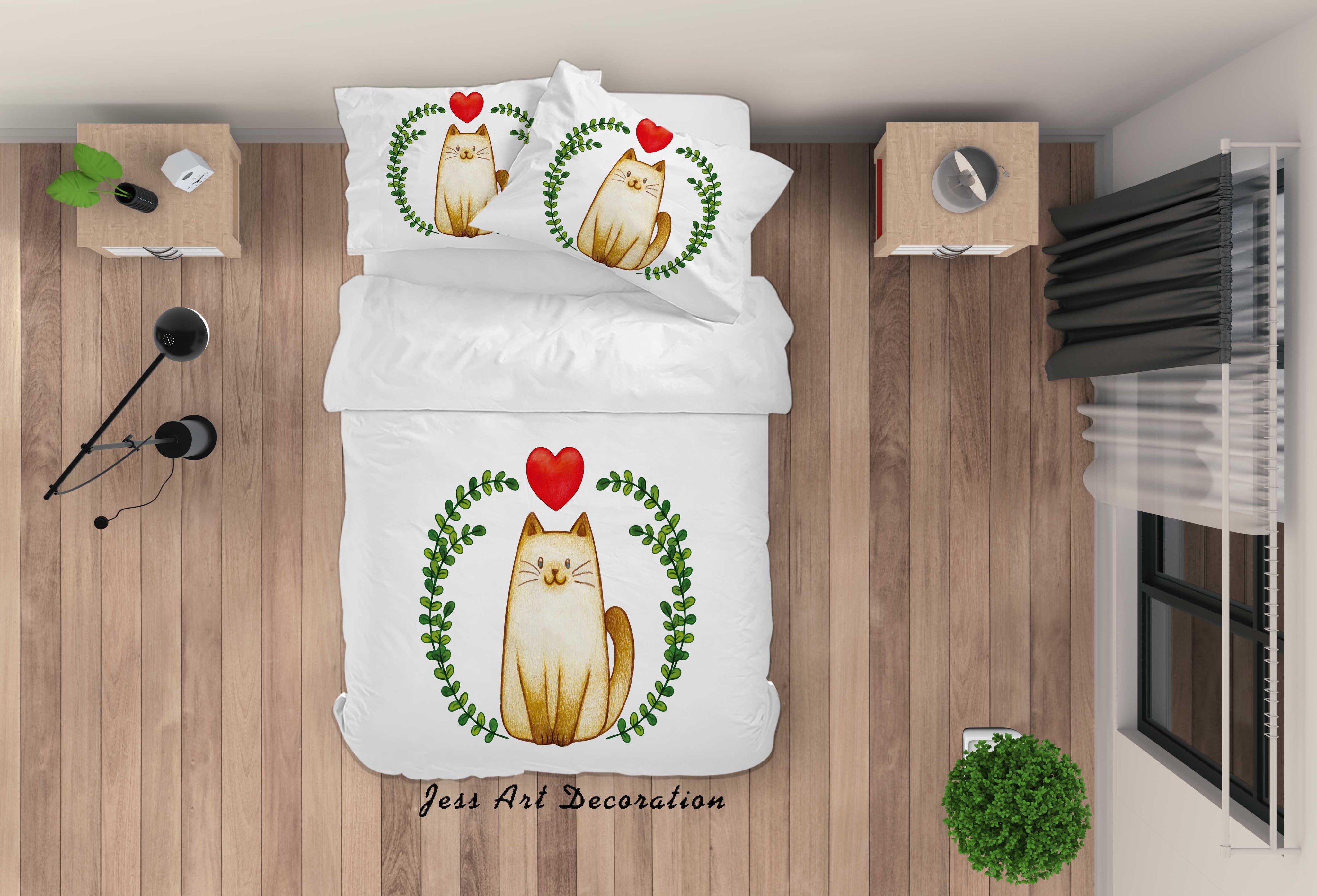 3D White Cat Heart Leaves Quilt Cover Set Bedding Set Duvet Cover Pillowcases SF33- Jess Art Decoration