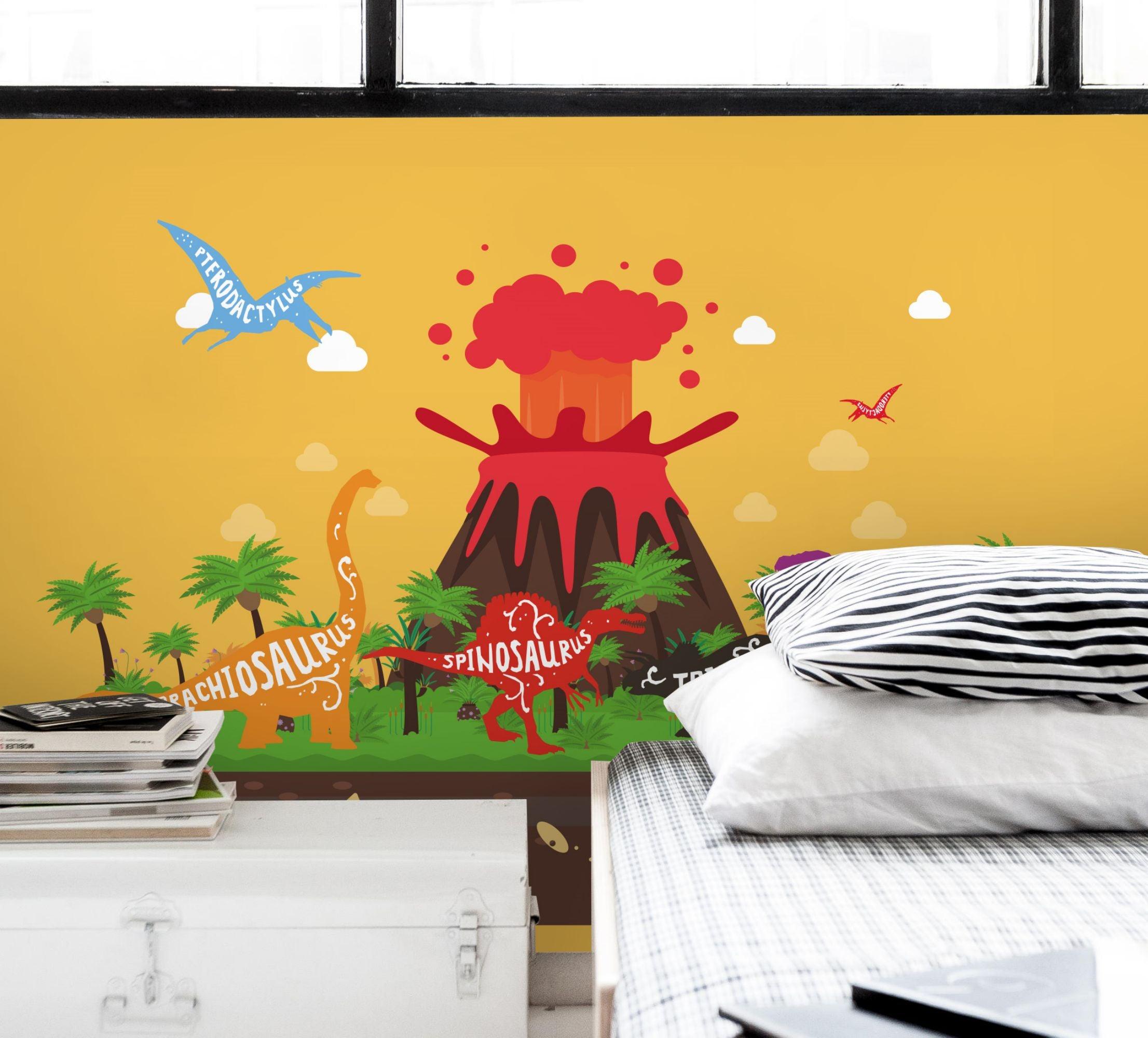 3D Hand Drawn Cartoon Dinosaur Volcano Coconut Tree Bones Wall Mural Wallpaper GD 1885- Jess Art Decoration
