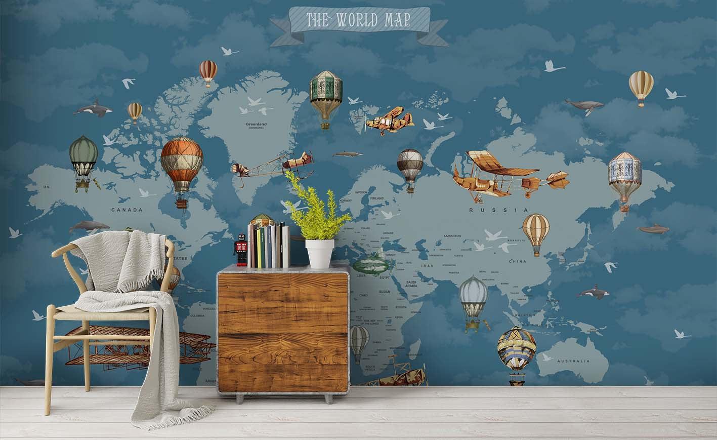 3D Blue World Map Hot Air Balloon Aircraft Wall Mural Wallpaper SF50- Jess Art Decoration