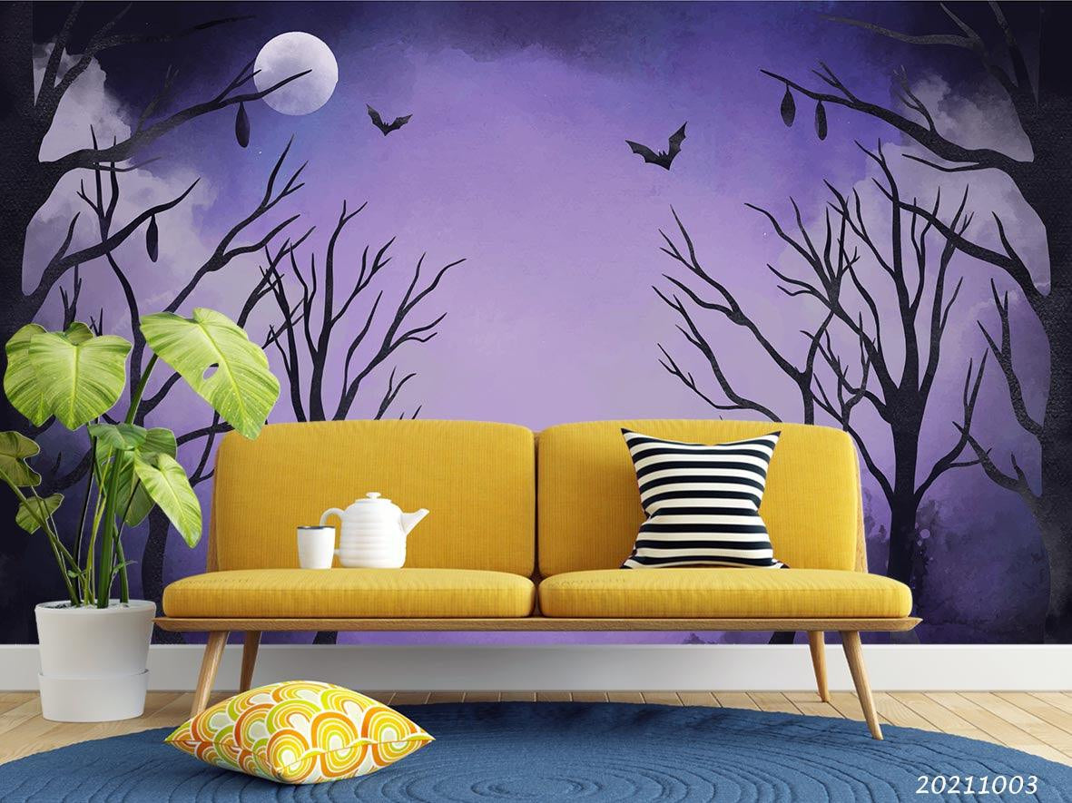 3D Purple Sky Tree Flying Bird Wall Mural Wallpaper LQH 286- Jess Art Decoration