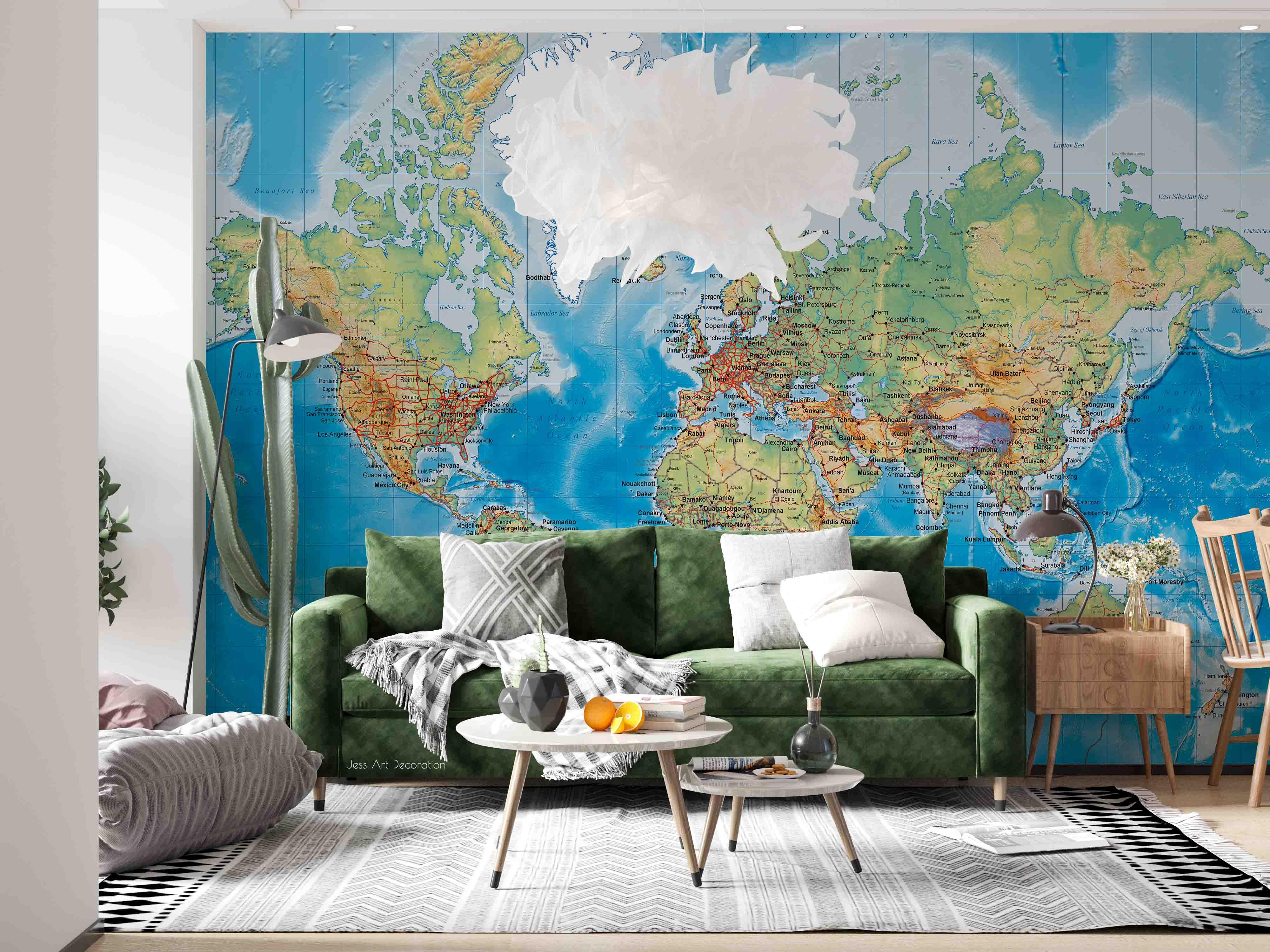 3D World Map Blue Ocean Yellow Land Wall Mural Wallpaper GD 2705- Jess Art Decoration