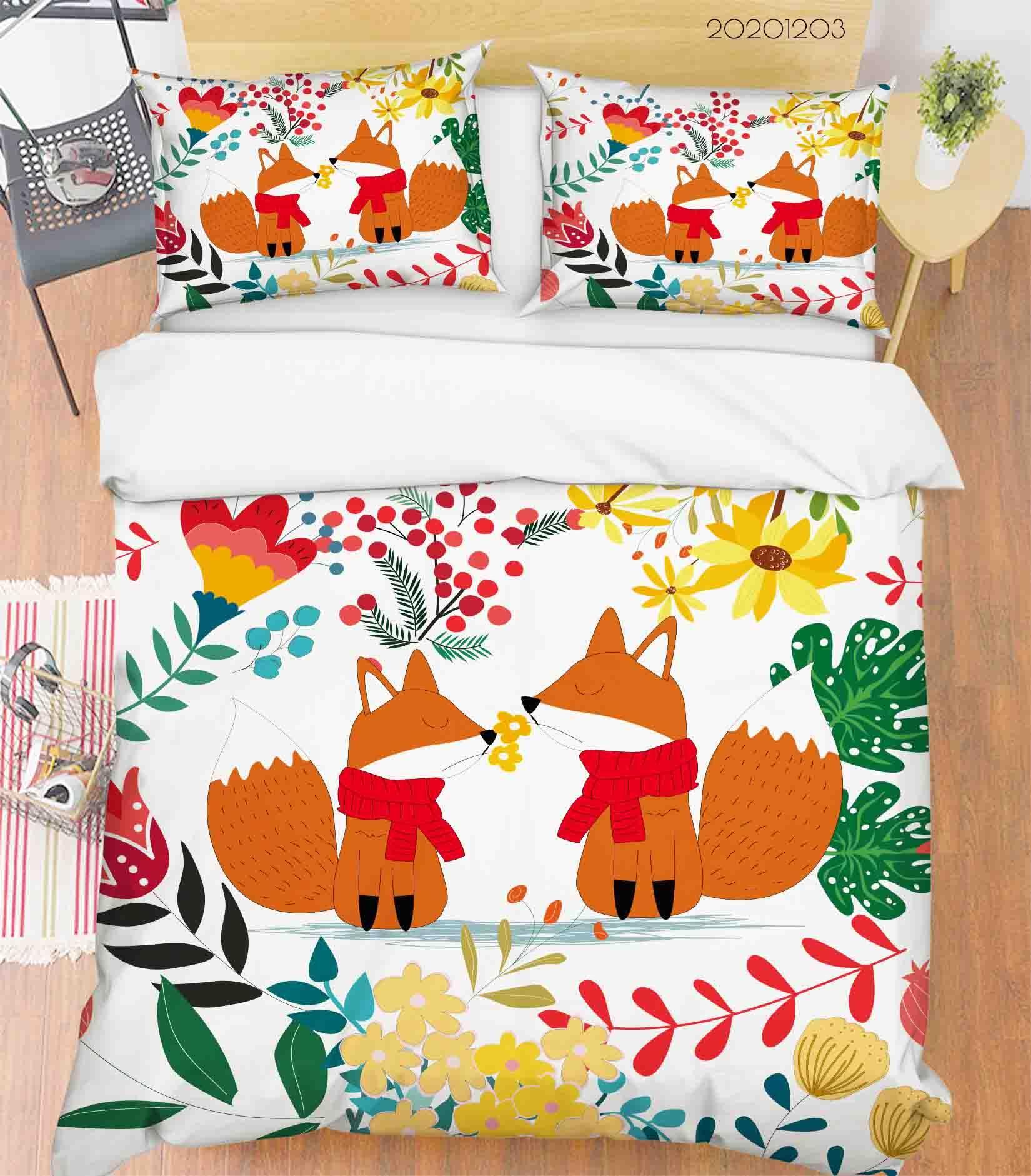 3D Cartoon Hand Drawn Colorful Floral Plant Fox Animal Quilt Cover Set Bedding Set Duvet Cover Pillowcases LXL- Jess Art Decoration