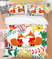 3D Cartoon Hand Drawn Colorful Floral Plant Fox Animal Quilt Cover Set Bedding Set Duvet Cover Pillowcases LXL- Jess Art Decoration