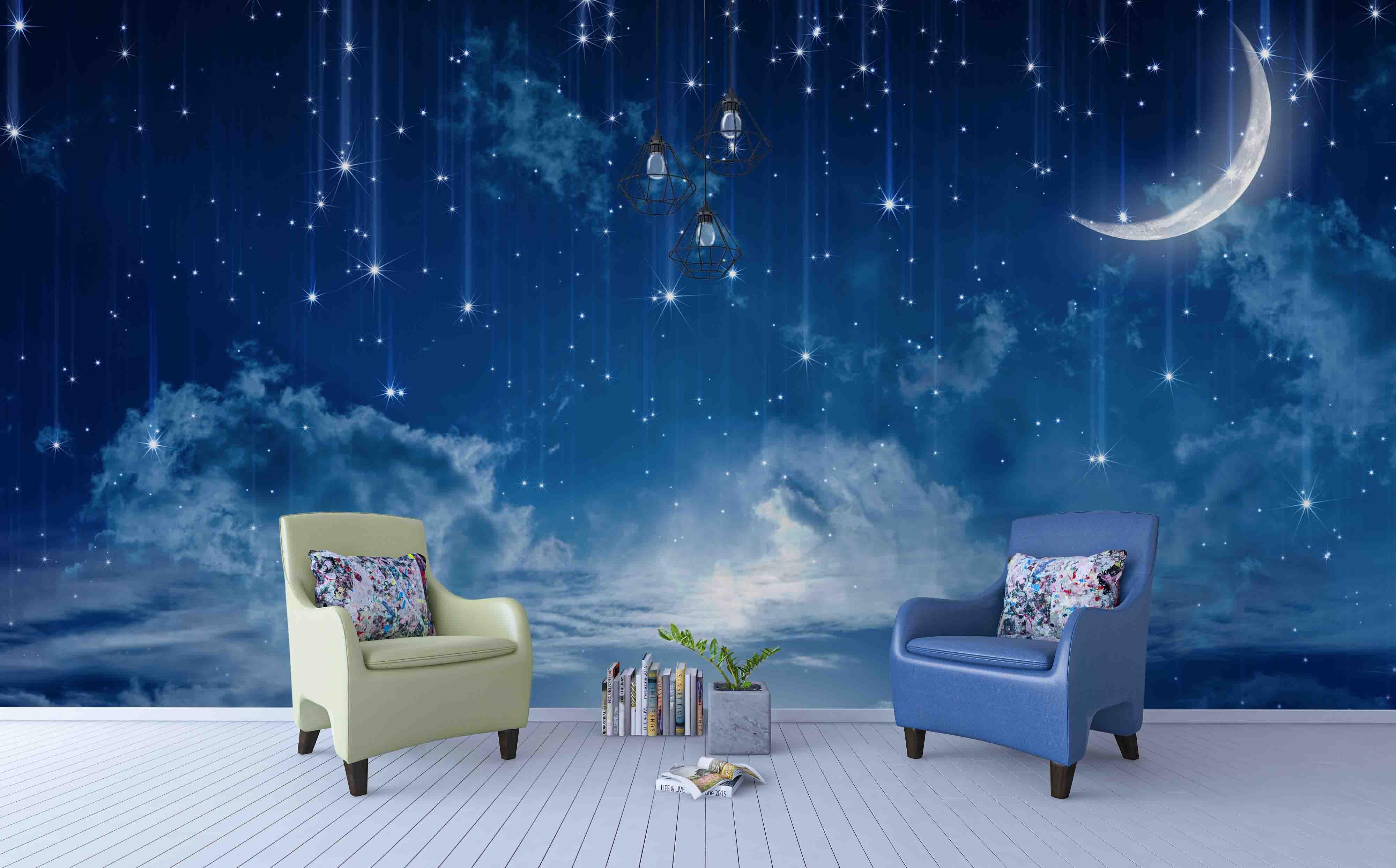3D Blue Night Sky Star Moon Wall Mural Wallpaper LQH 79- Jess Art Decoration