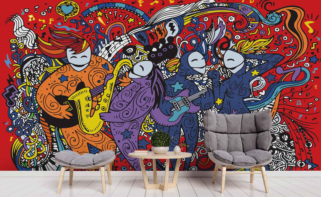 3D Nostalgia Musical Theme Wallpaper Guitars, Drums Retro Wall Mural –  beddingandbeyond.club
