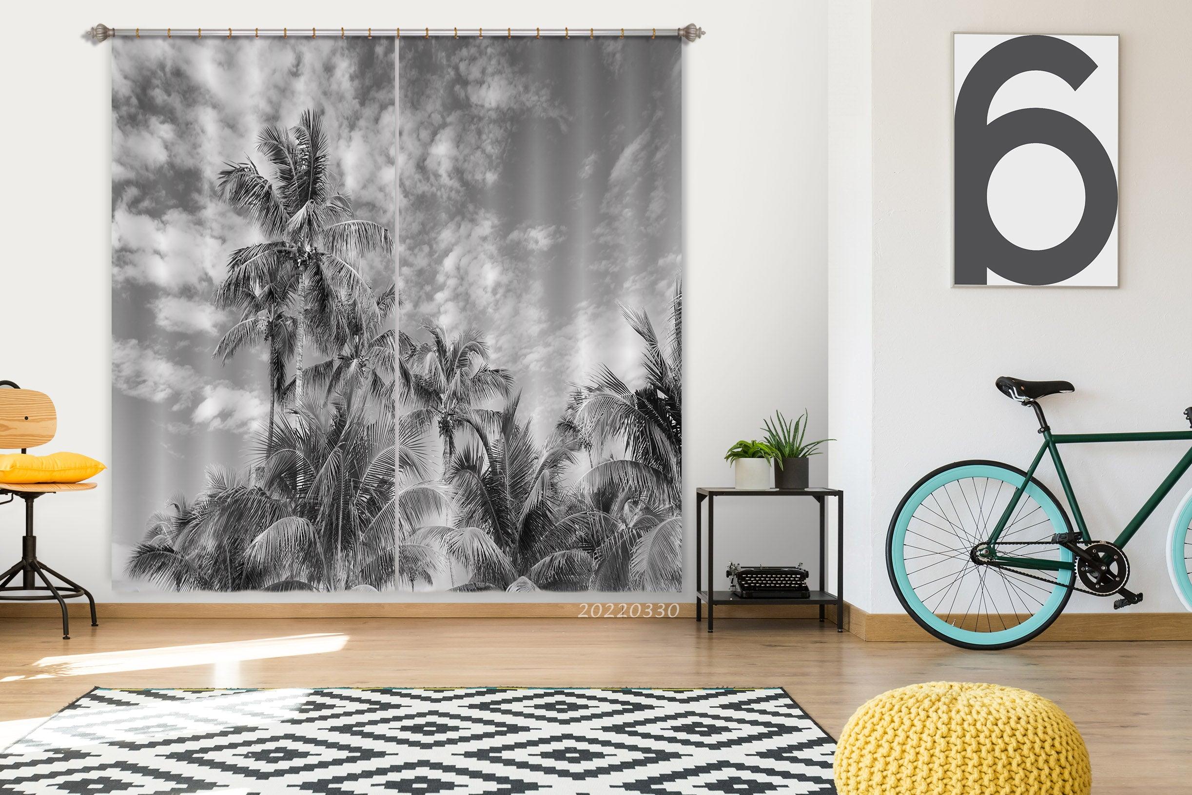 3D Coconut Tree Sky Cloud Black White Curtains and Drapes GD 3626- Jess Art Decoration