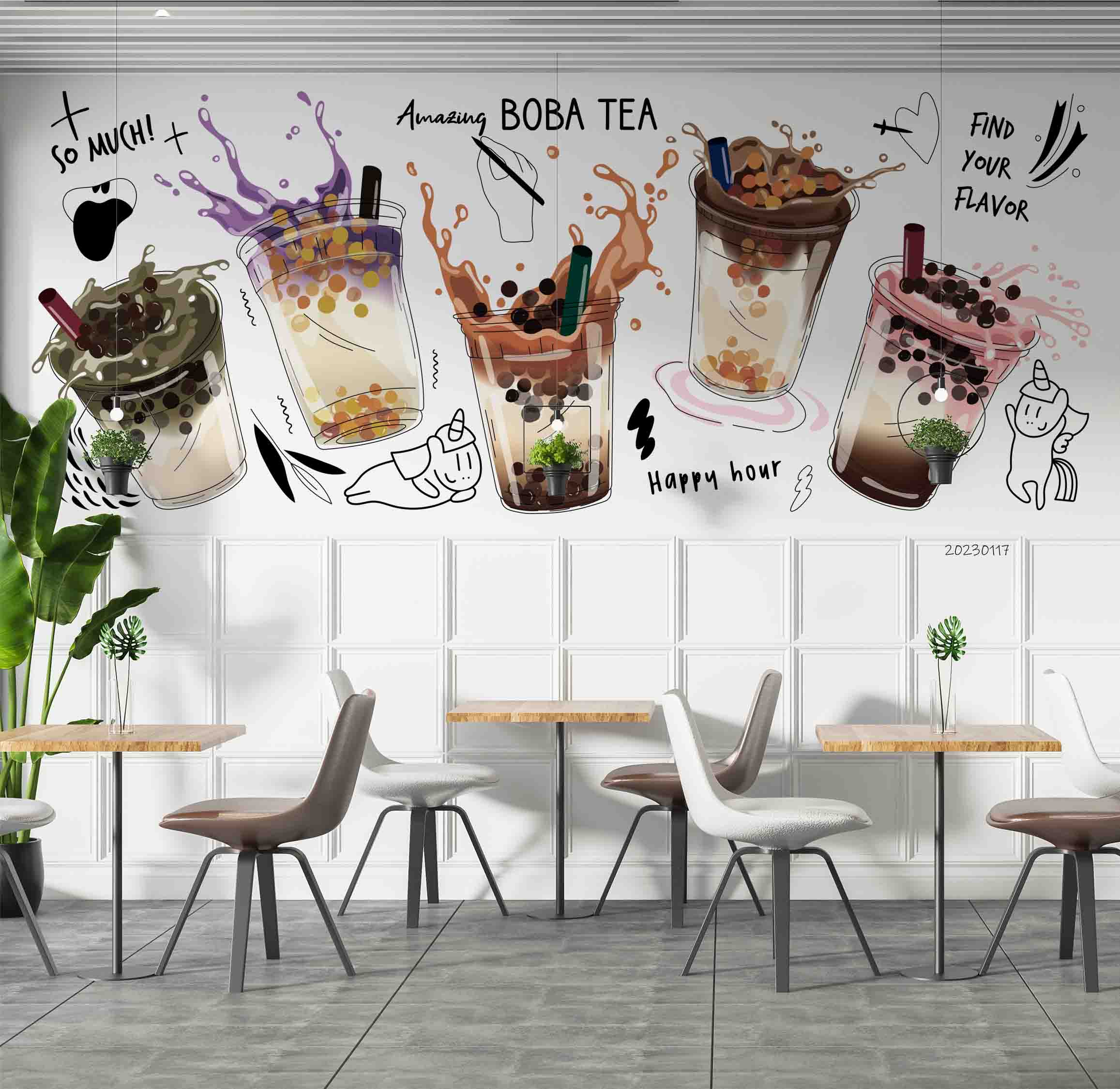 3D Hand Drawn Bubble Tea Pearl Tea Milk Tea Shop Wall Mural Wallpaper JN 30- Jess Art Decoration