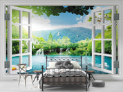 3D Window Green Mountain Plant Tree Scenery Wall Mural Wallpaper LXL- Jess Art Decoration