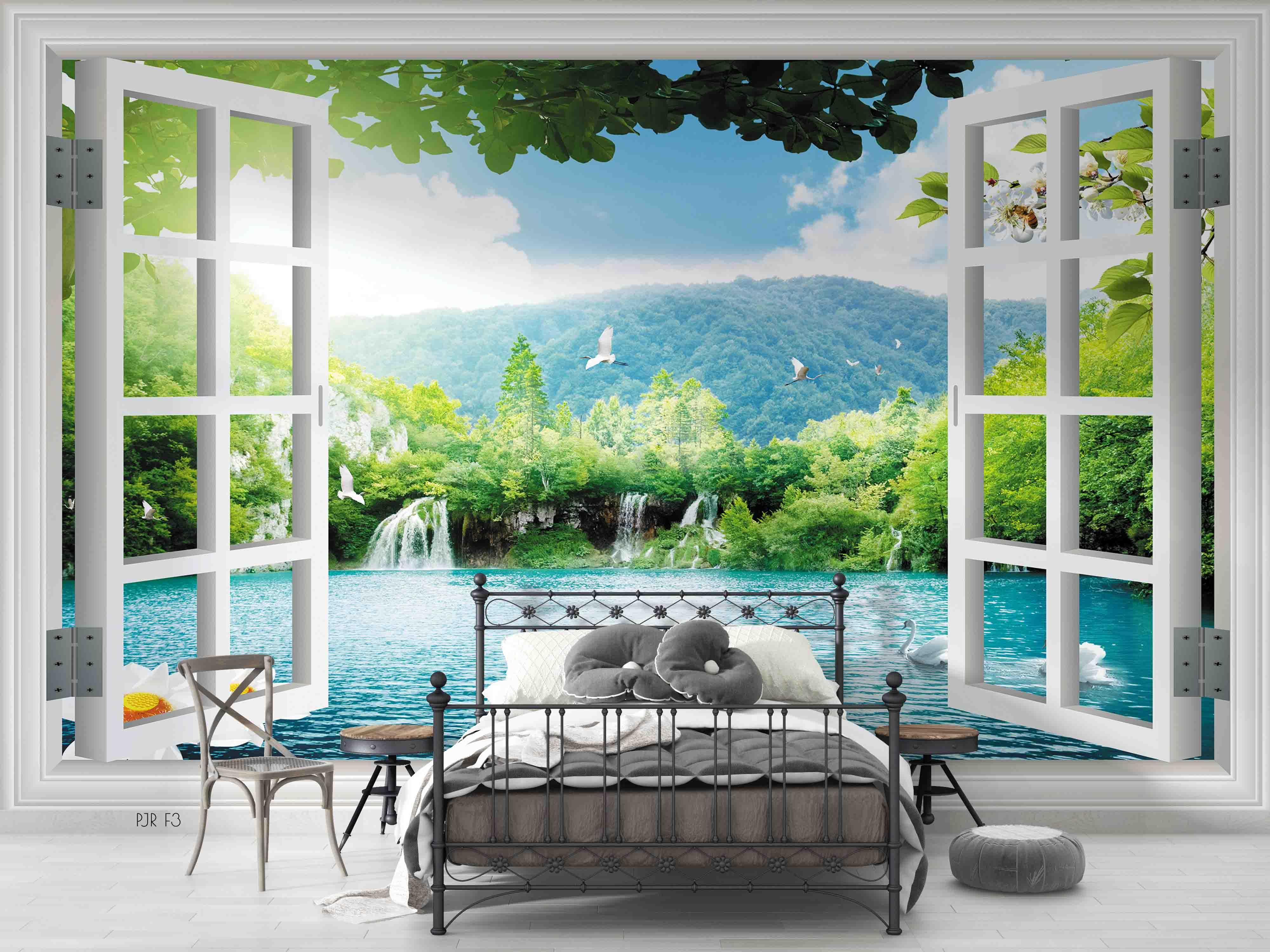 3D Window Green Mountain Plant Tree Scenery Wall Mural Wallpaper LXL- Jess Art Decoration