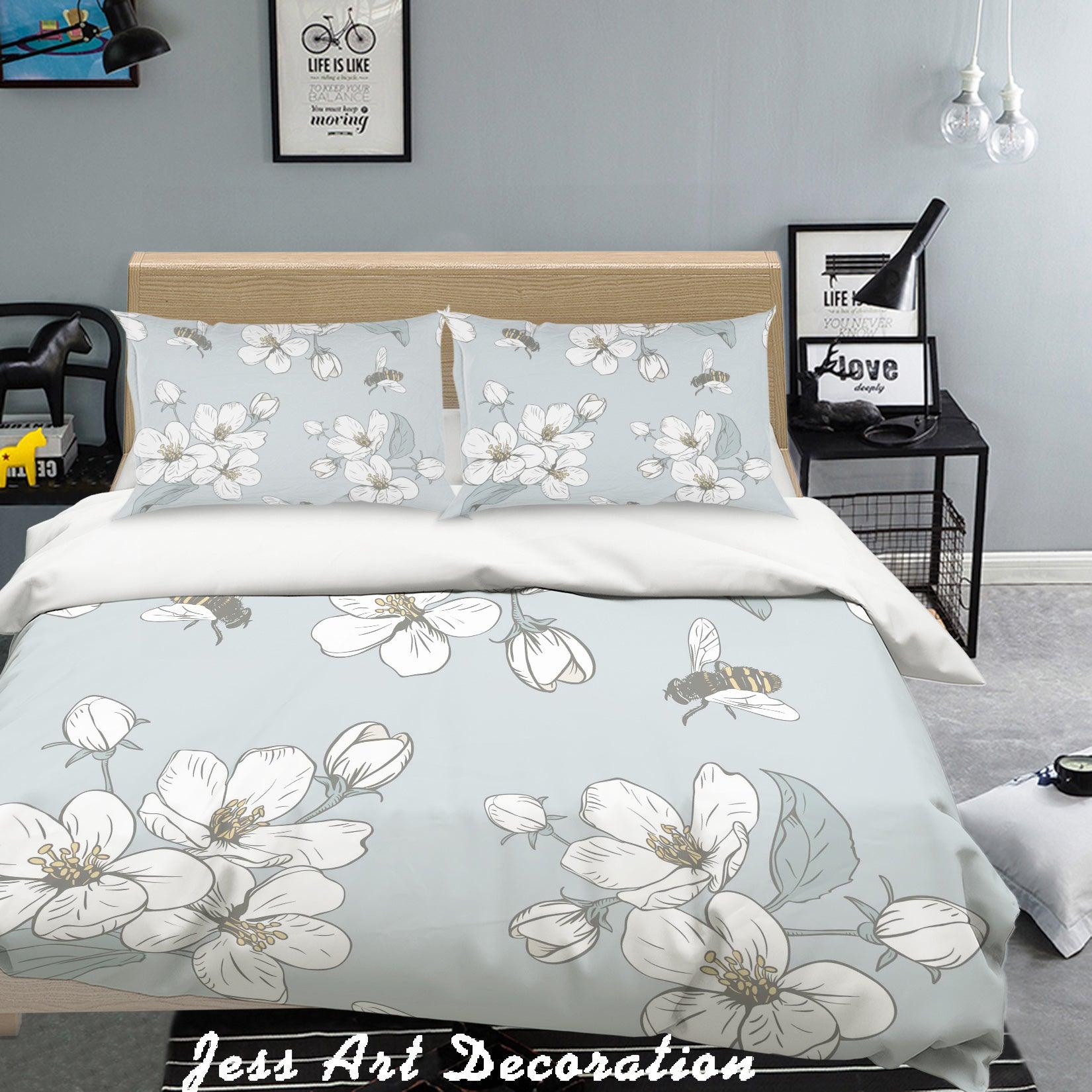 3D White Flowers Bee Quilt Cover Set Bedding Set Pillowcases  211- Jess Art Decoration