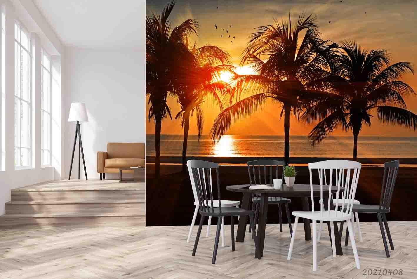 3D Sunset Sky Beach Coconut Tree Wall Mural Wallpaper LQH 75- Jess Art Decoration