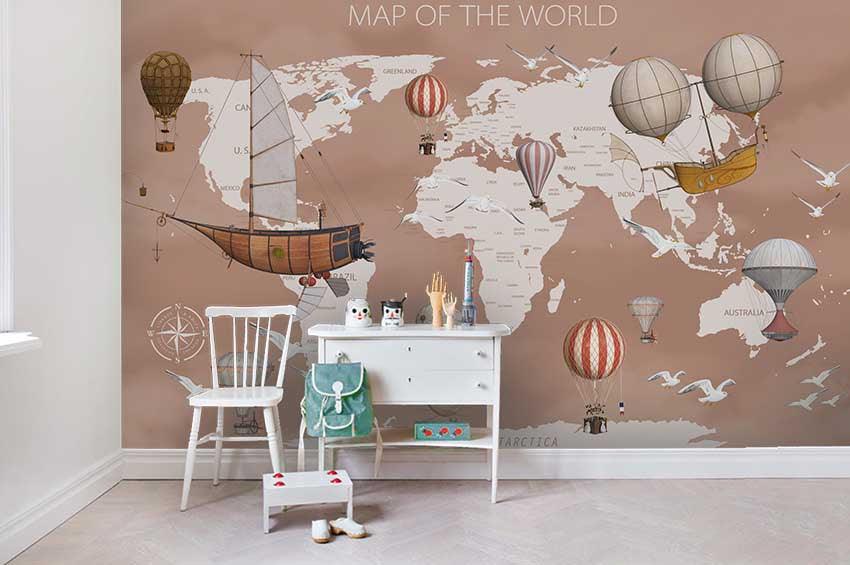 3D Brown World Map Hot Air Balloon Wall Mural Wallpaper LQH 84- Jess Art Decoration