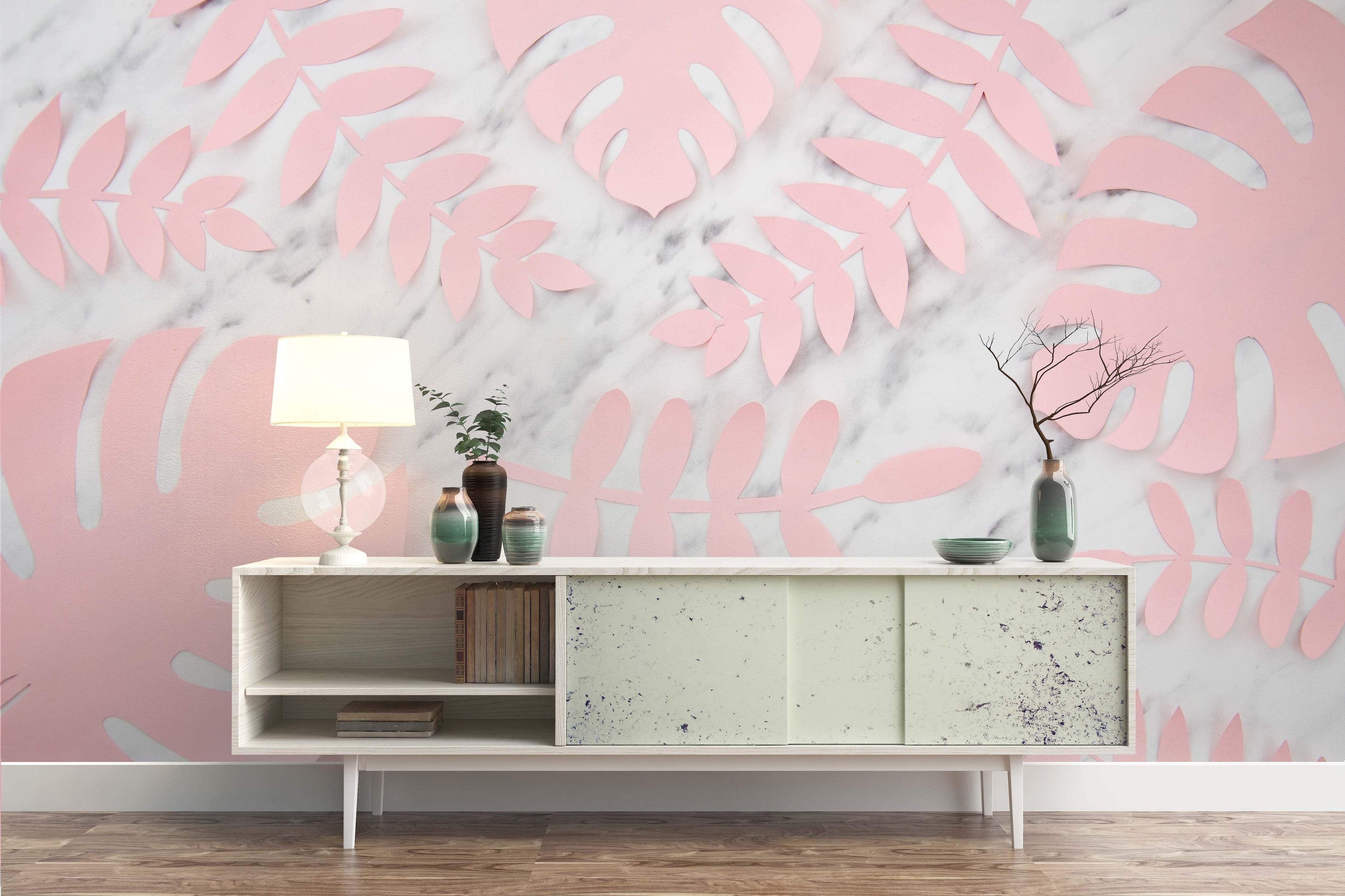 3D Pink Palm Leaves Marble Background Wall Mural Wallpaper 47- Jess Art Decoration