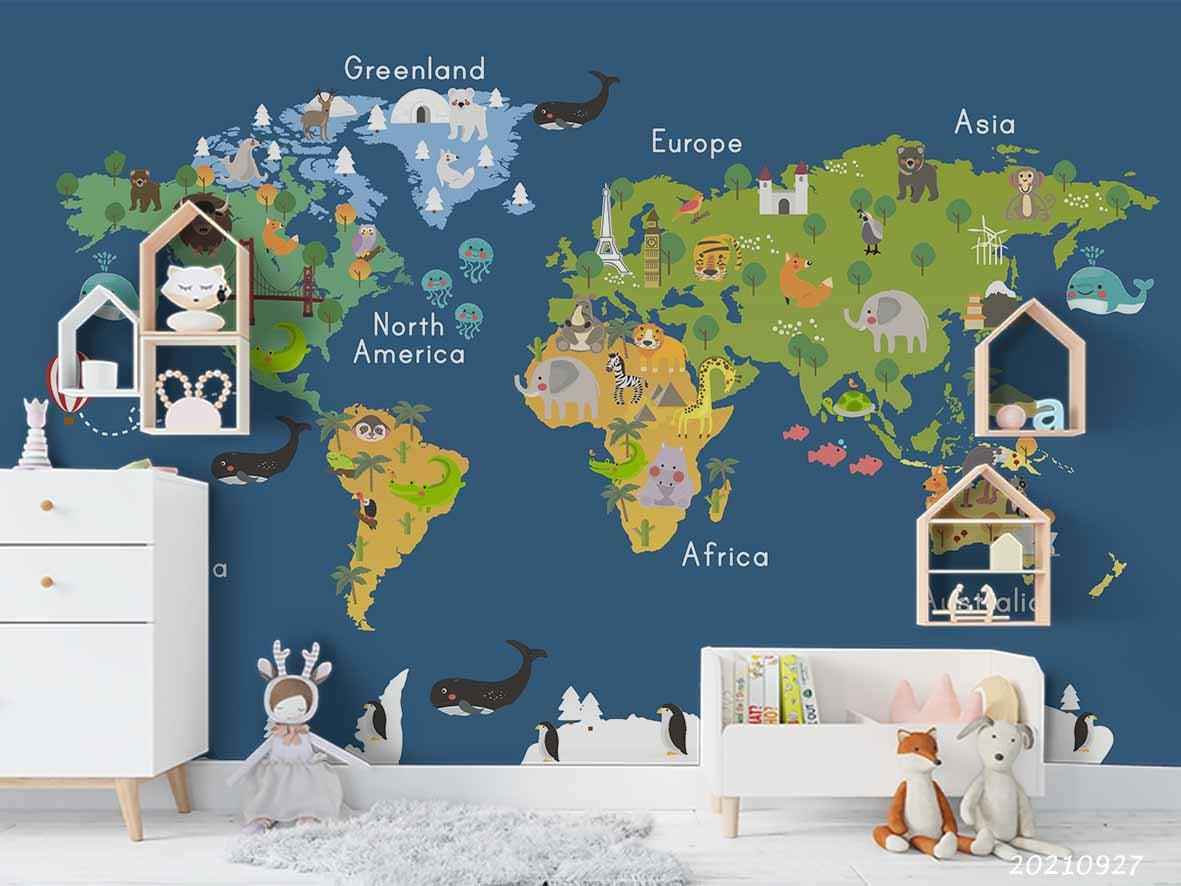 3D Blue World Map Kids Wall Mural Wallpaper LQH 152- Jess Art Decoration