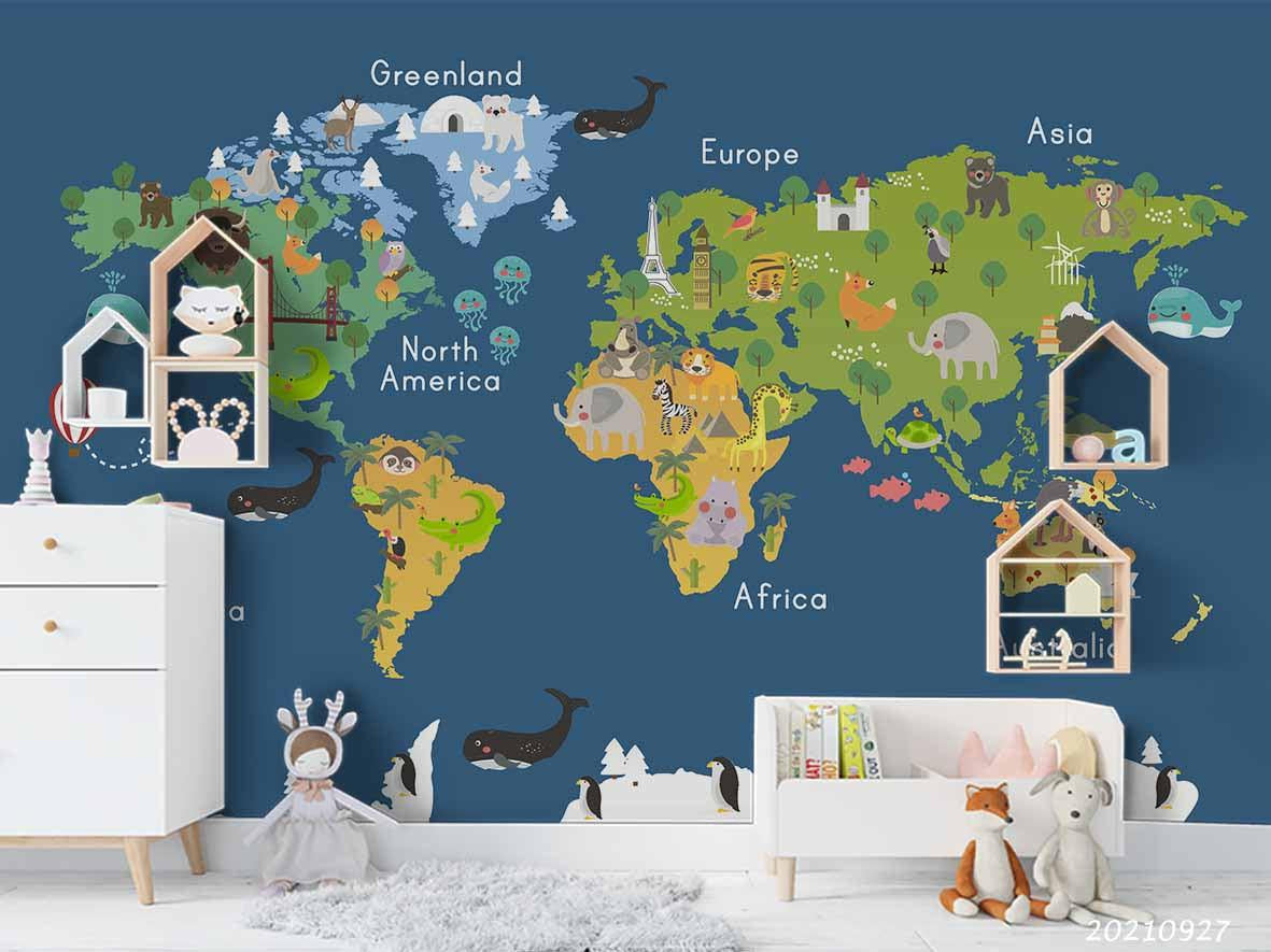 3D Blue World Map Kids Wall Mural Wallpaper LQH 152- Jess Art Decoration