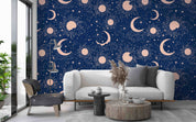 3D Sun Crescent Moon Stars Blue Background Wall Mural Wallpaper GD 433- Jess Art Decoration