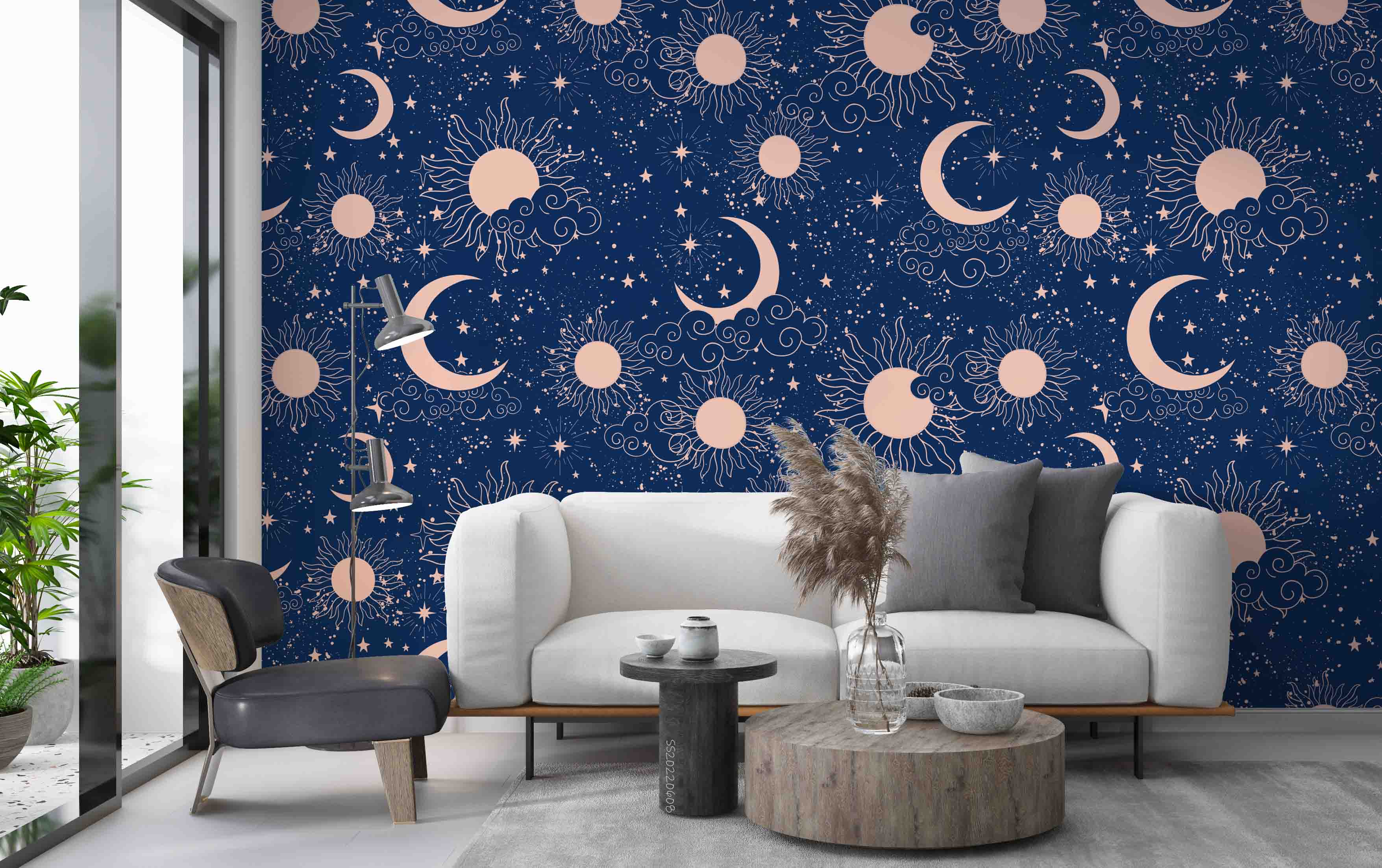 3D Sun Crescent Moon Stars Blue Background Wall Mural Wallpaper GD 433- Jess Art Decoration