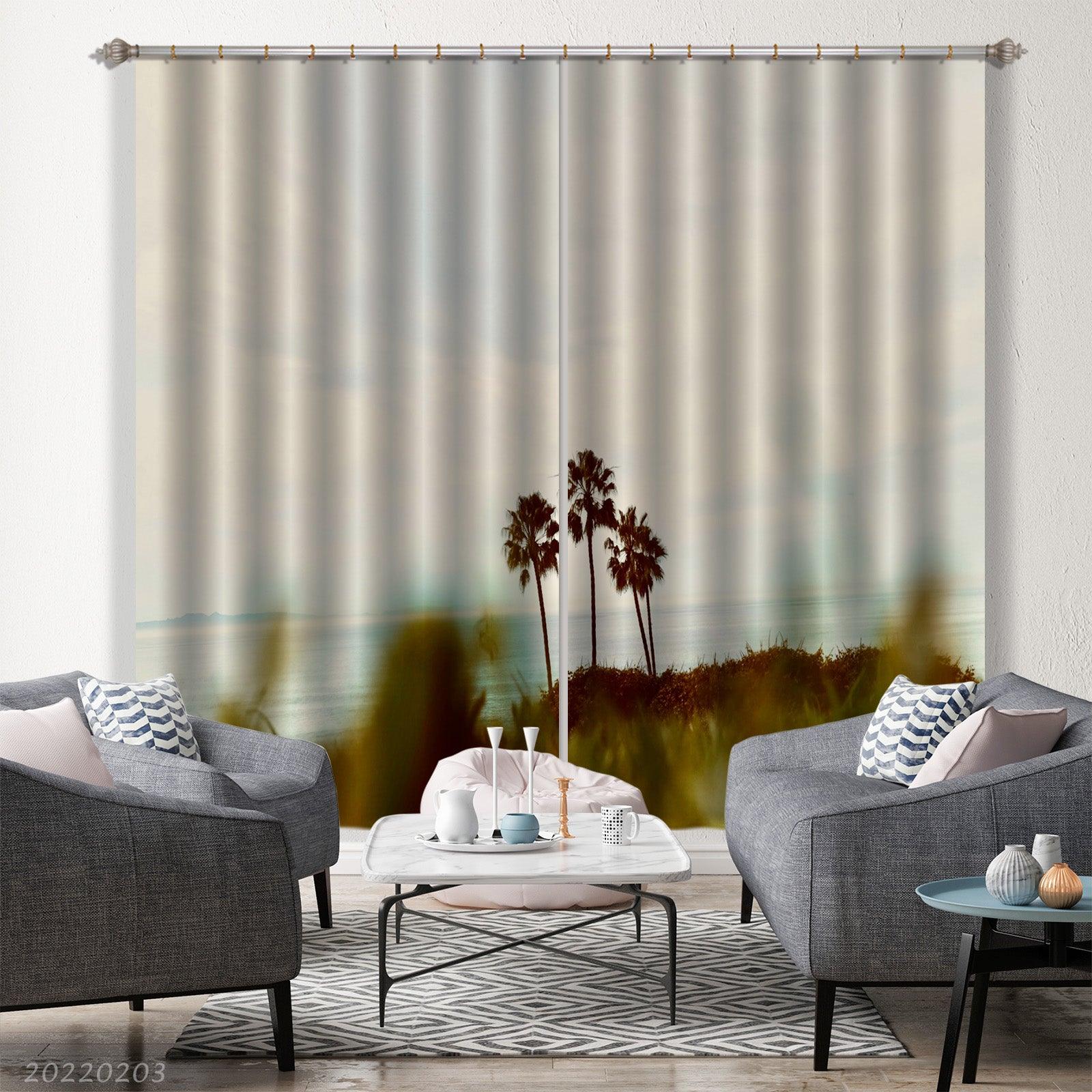3D Coconut Tree Hill Sea Scenery Curtains and Drapes GD 1195- Jess Art Decoration