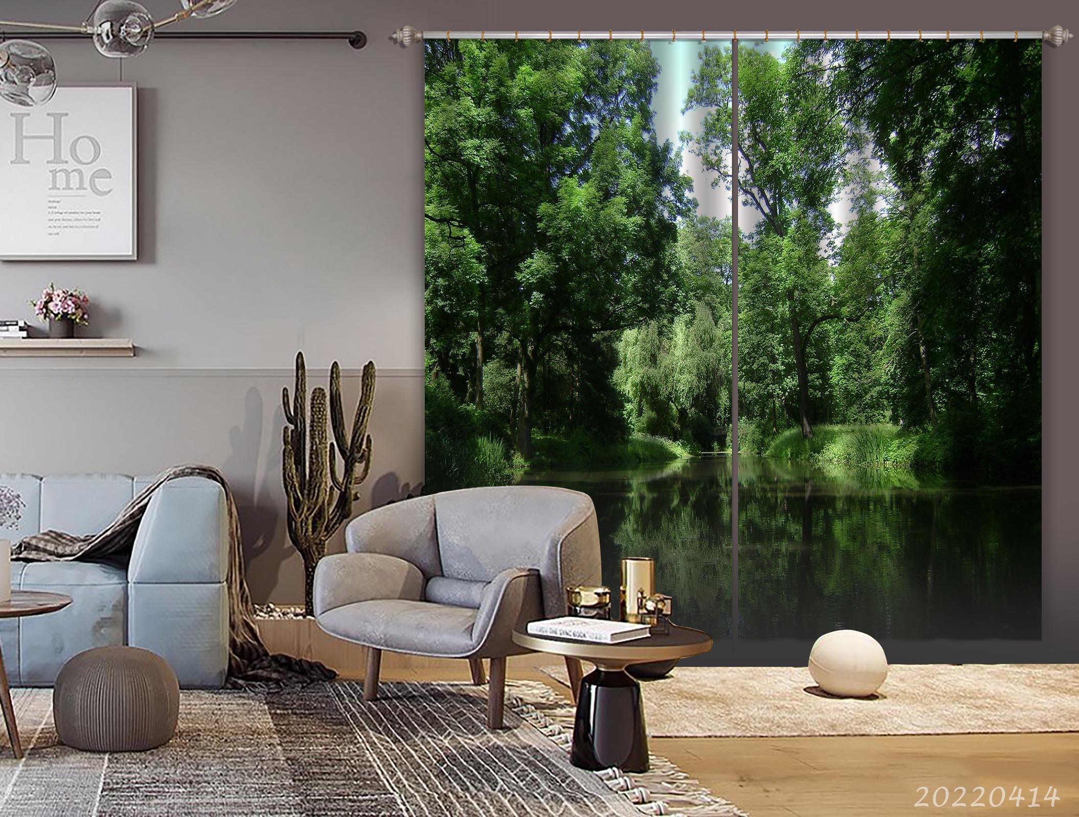 3D Tree Lake Nature Forest Green Leaf Curtains and Drapes GD 4031- Jess Art Decoration