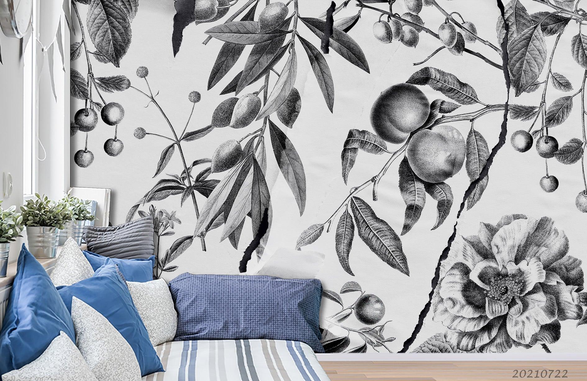 3D Hand Drawn Grey Fruit Leaf Floral Wall Mural Wallpaper LQH 665- Jess Art Decoration
