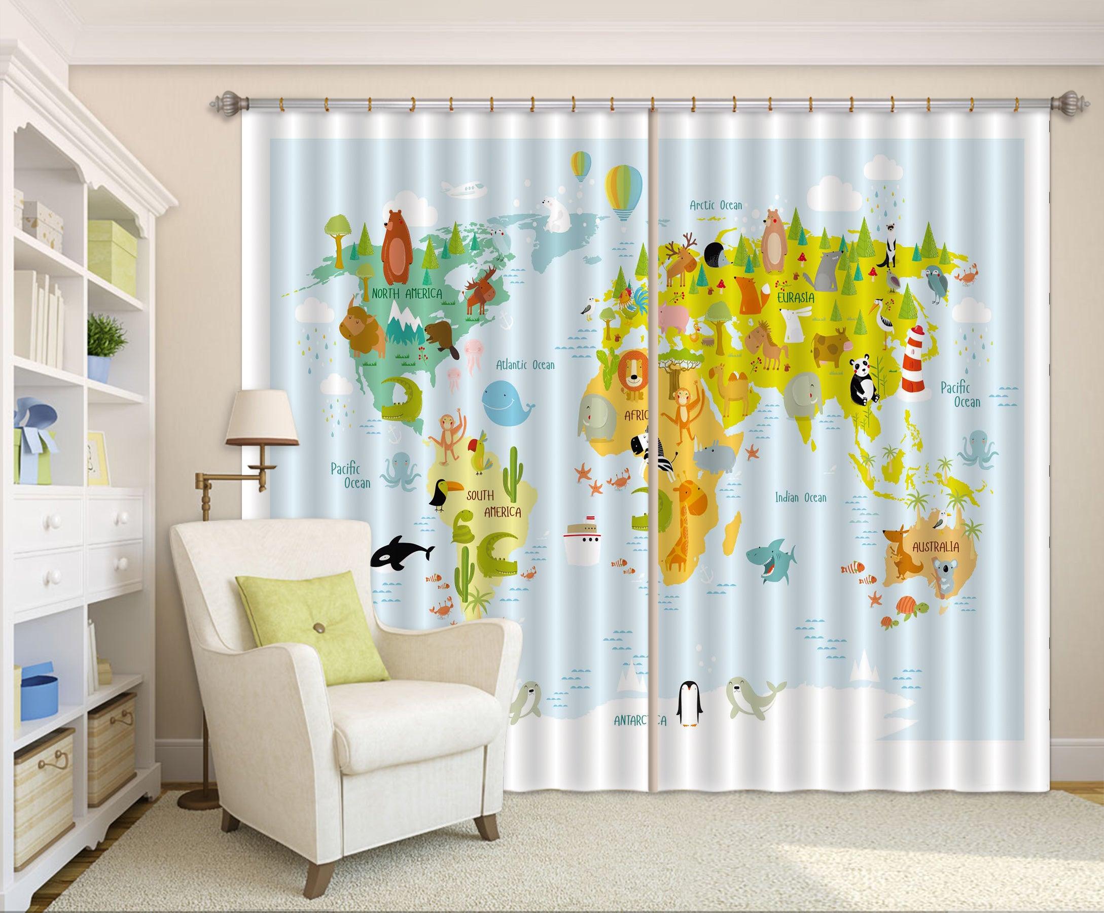3D Yellow World Map Curtains and Drapes LQH A602- Jess Art Decoration