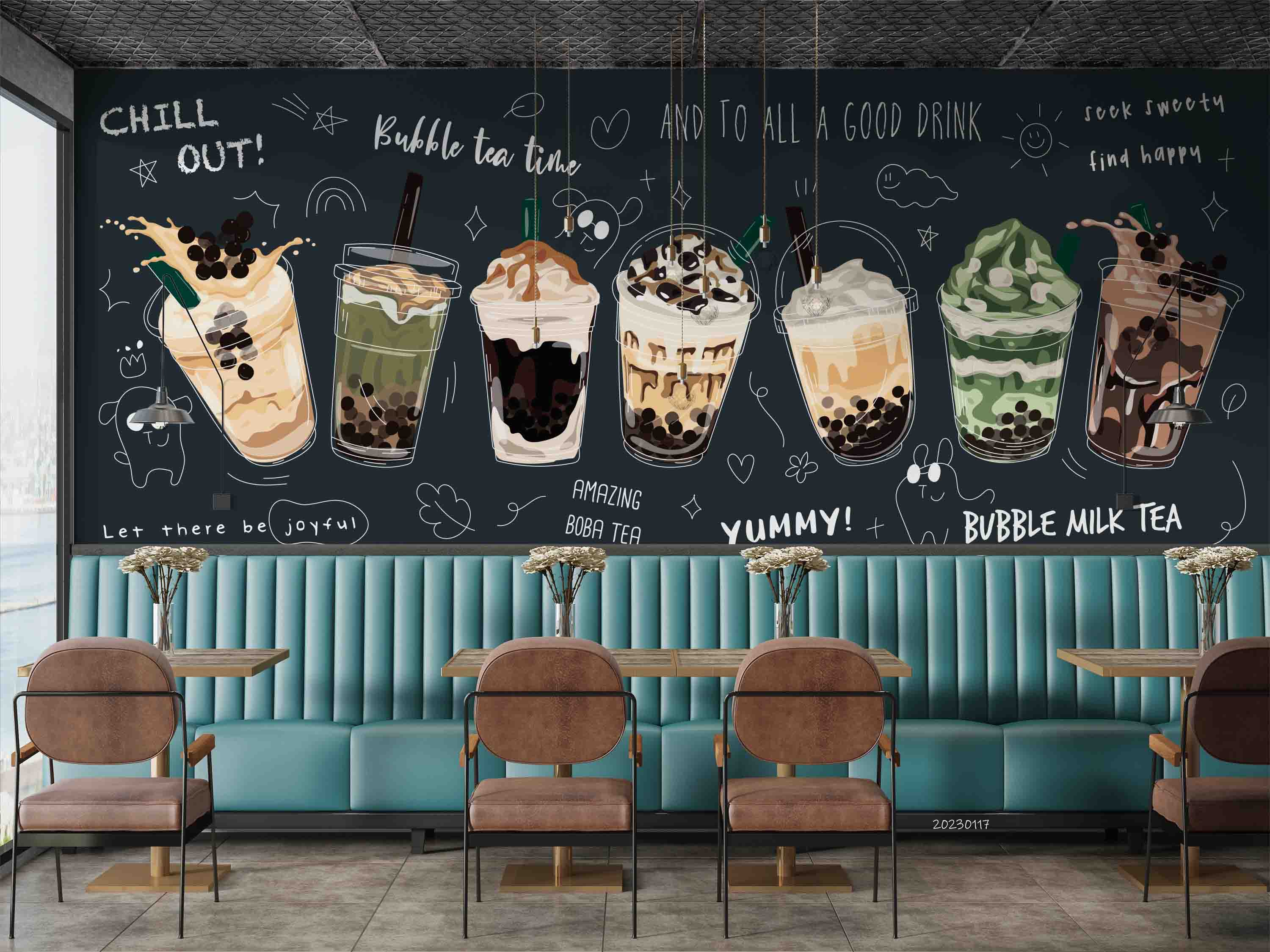 3D Hand Drawn Bubble Tea Pearl Tea Milk Tea Shop Wall Mural Wallpaper JN 37- Jess Art Decoration