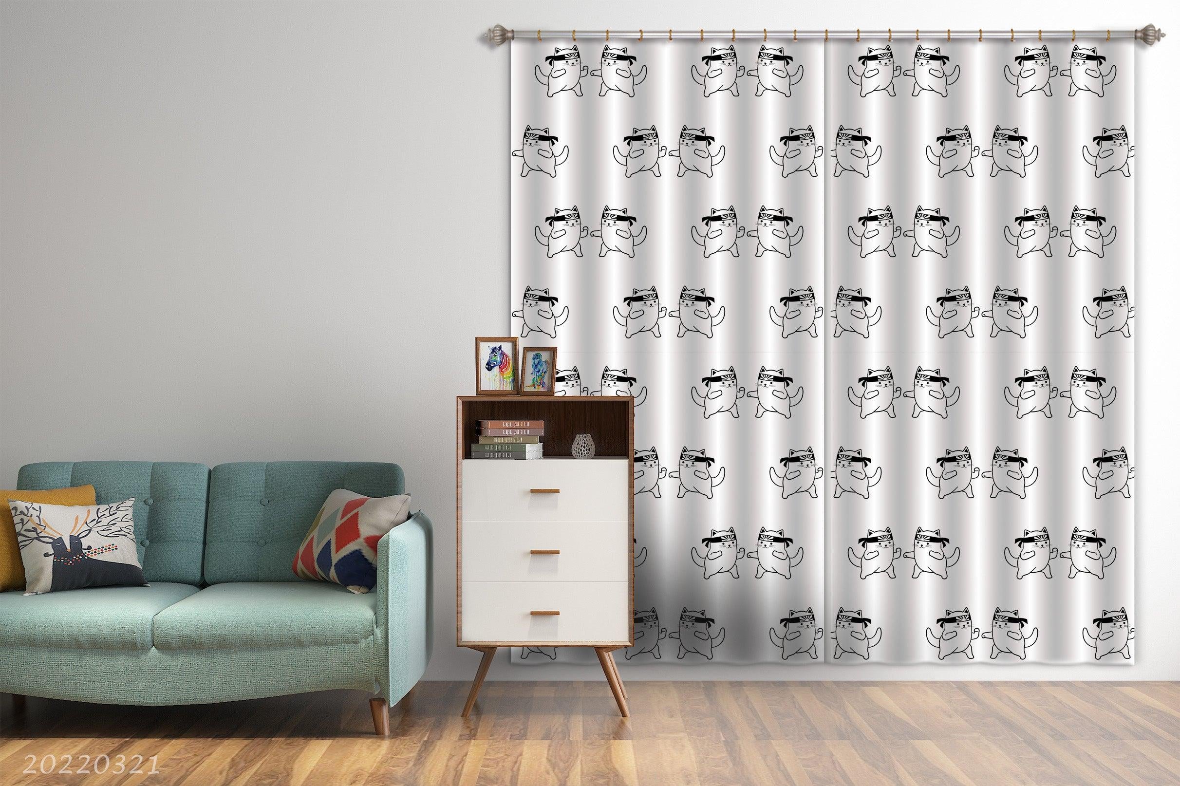 3D Cute Cartoon Cat White Background Curtains and Drapes GD 3139- Jess Art Decoration