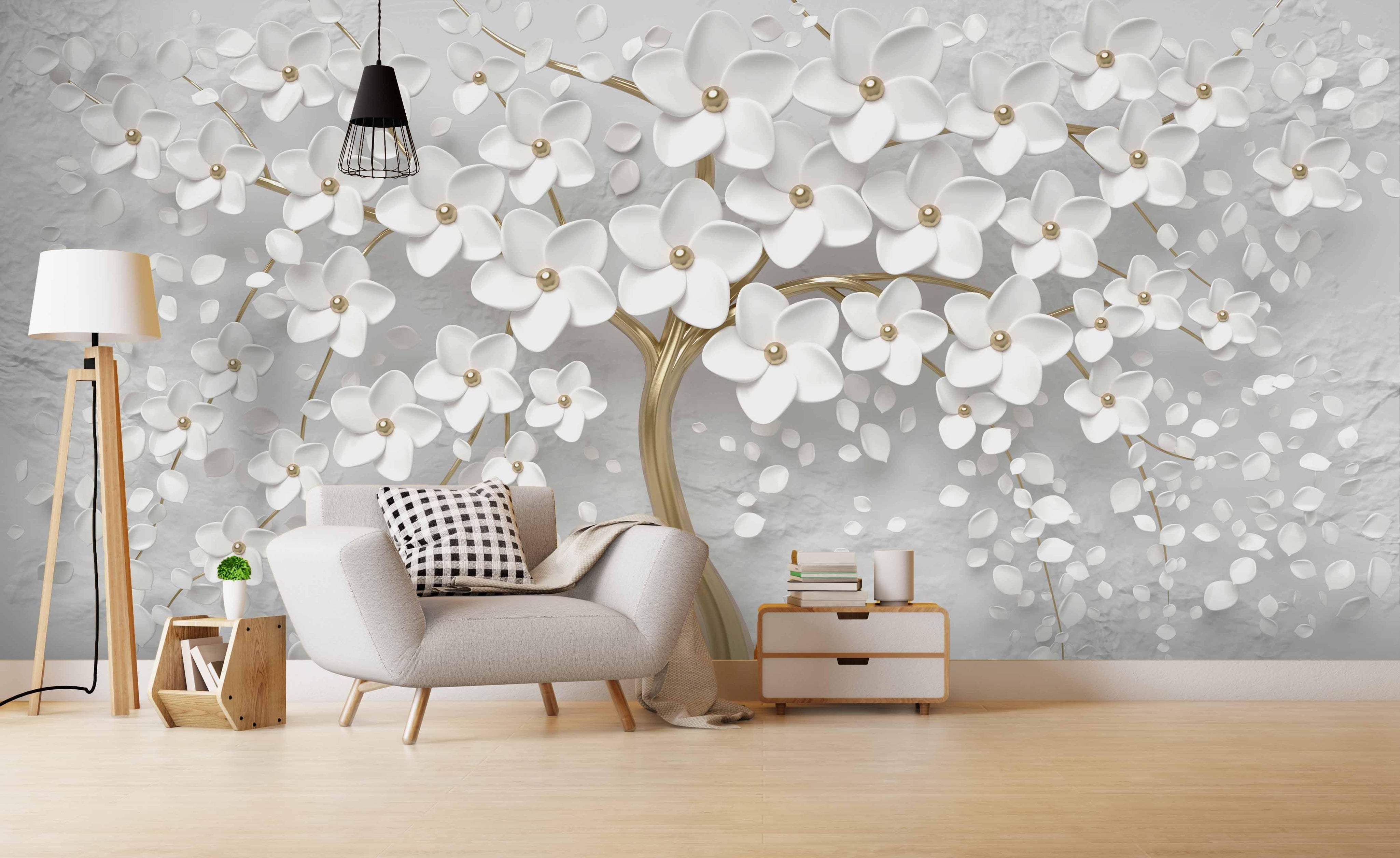 3D White Floral Tree Relief Wall Mural Wallpaper 122- Jess Art Decoration
