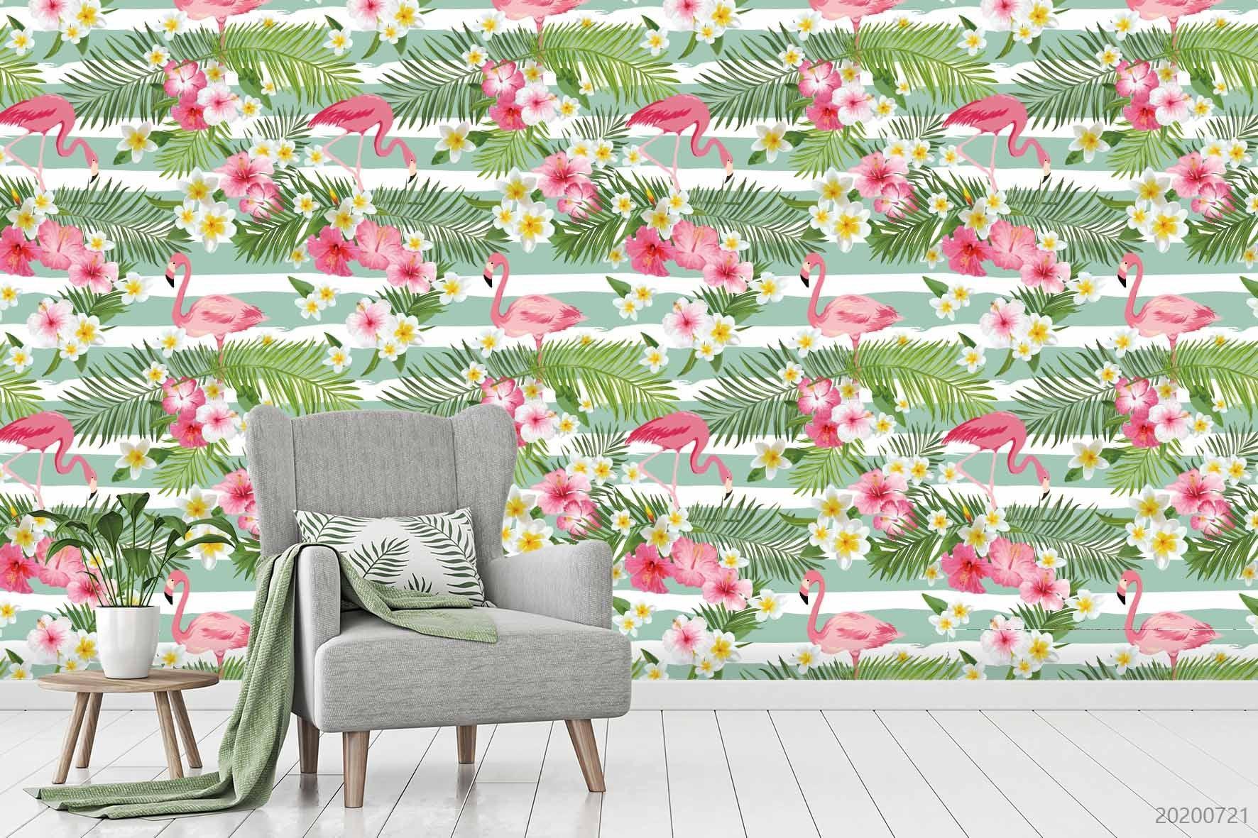 3D Floral Flamingo Stripe Wall Mural Wallpaper LXL 401- Jess Art Decoration