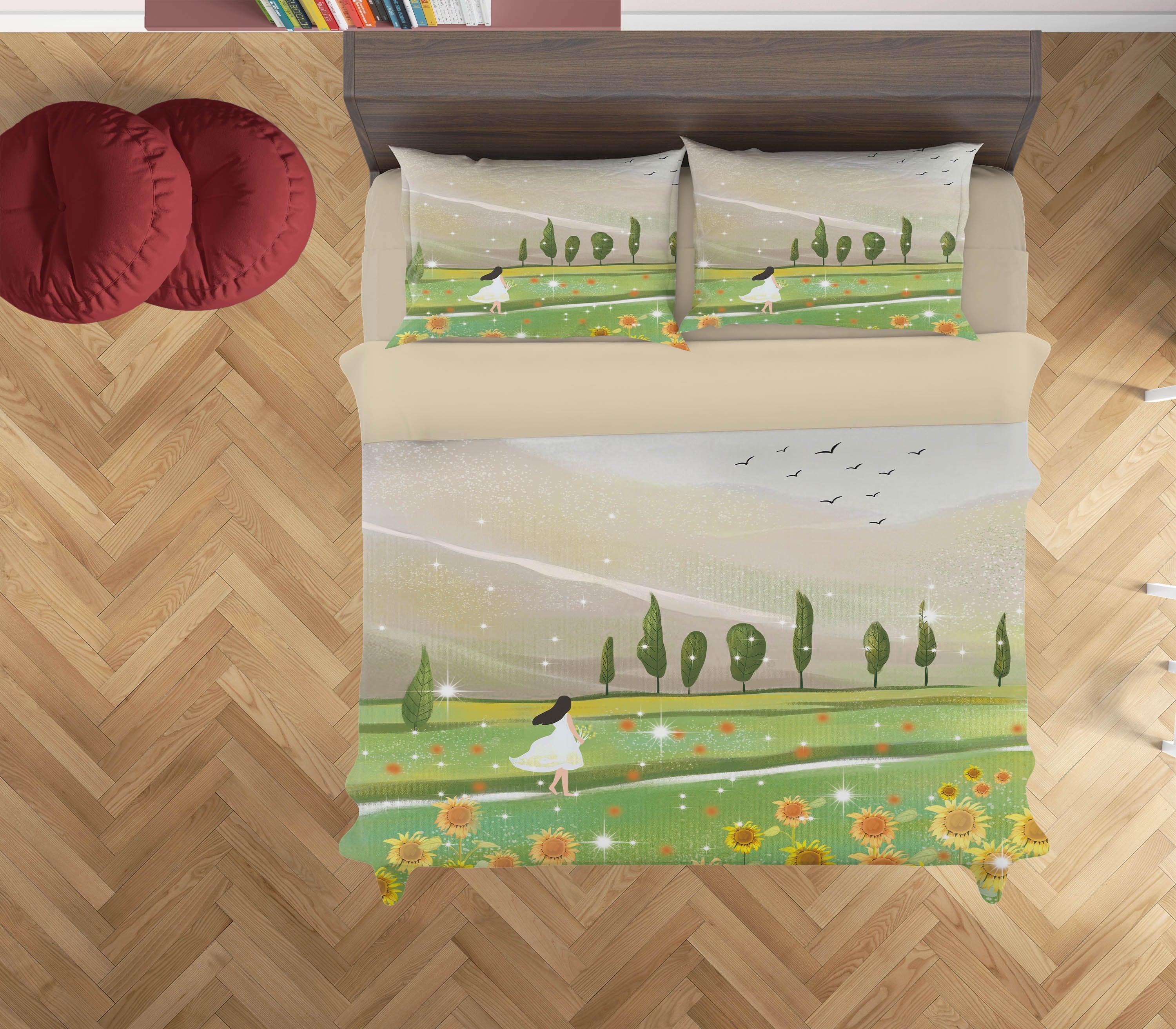 3D Cartoon Girl Lawn Sunflower Quilt Cover Set Bedding Set Duvet Cover Pillowcases A555 LQH- Jess Art Decoration