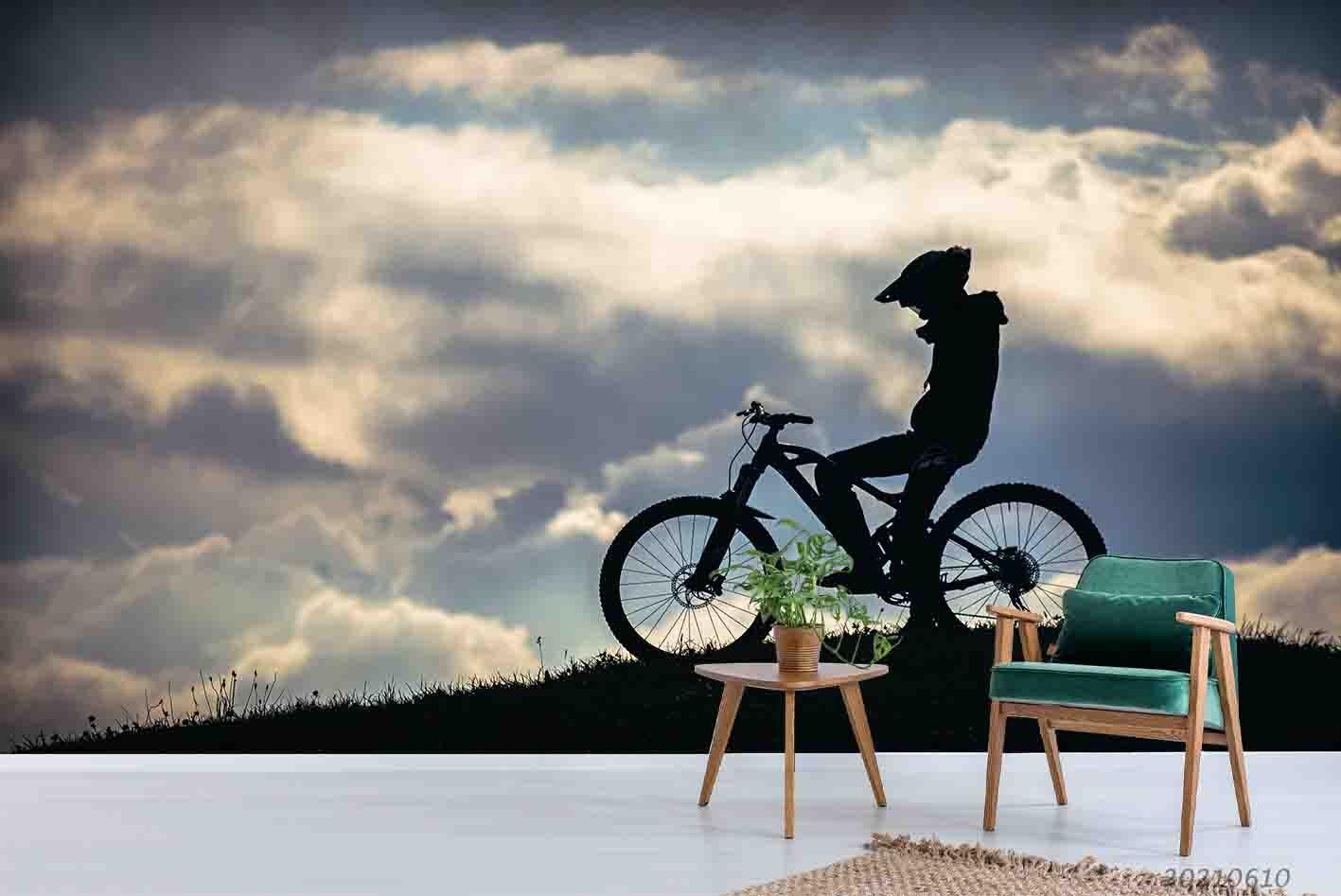 3D Dusk Ride Bike Silhouette Grassland Sky Wall Mural Wallpaper SWW1851- Jess Art Decoration