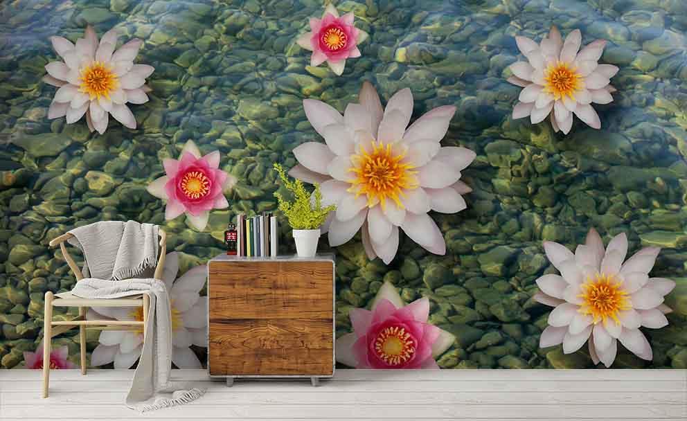 3D Pond White Lotus Wall Mural Wallpaper 130- Jess Art Decoration