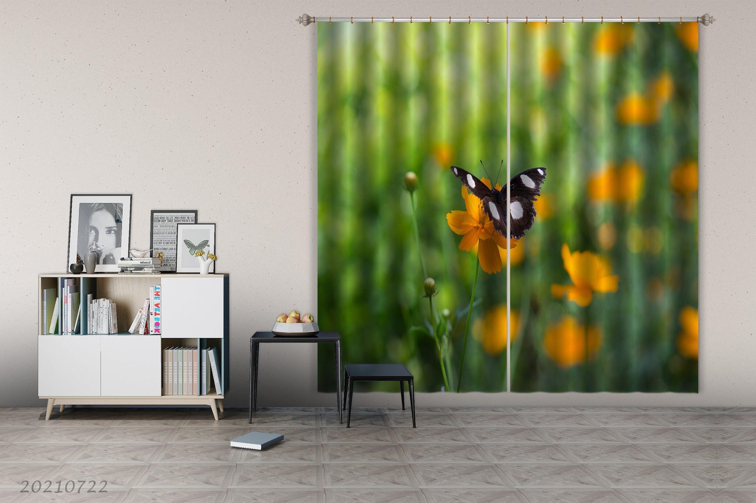 3D Yellow Floral Leaf Butterfly Curtains and Drapes LQH 271- Jess Art Decoration