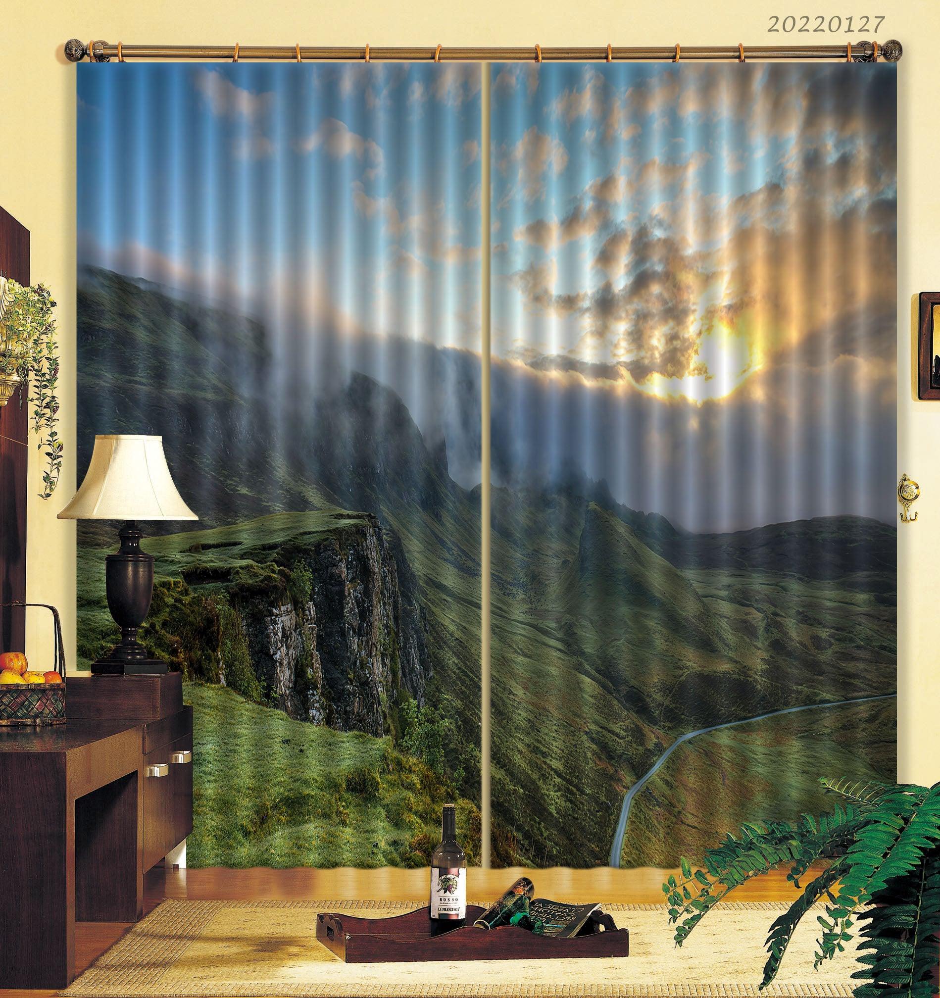 3D Green Mountain Fog Golden Sunbeam Cloud Scenery Curtains and Drapes GD 1396- Jess Art Decoration