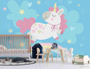 3D Cartoon Unicorn Rainbow Blue Flowers Wall Mural Wallpaper A016 LQH- Jess Art Decoration