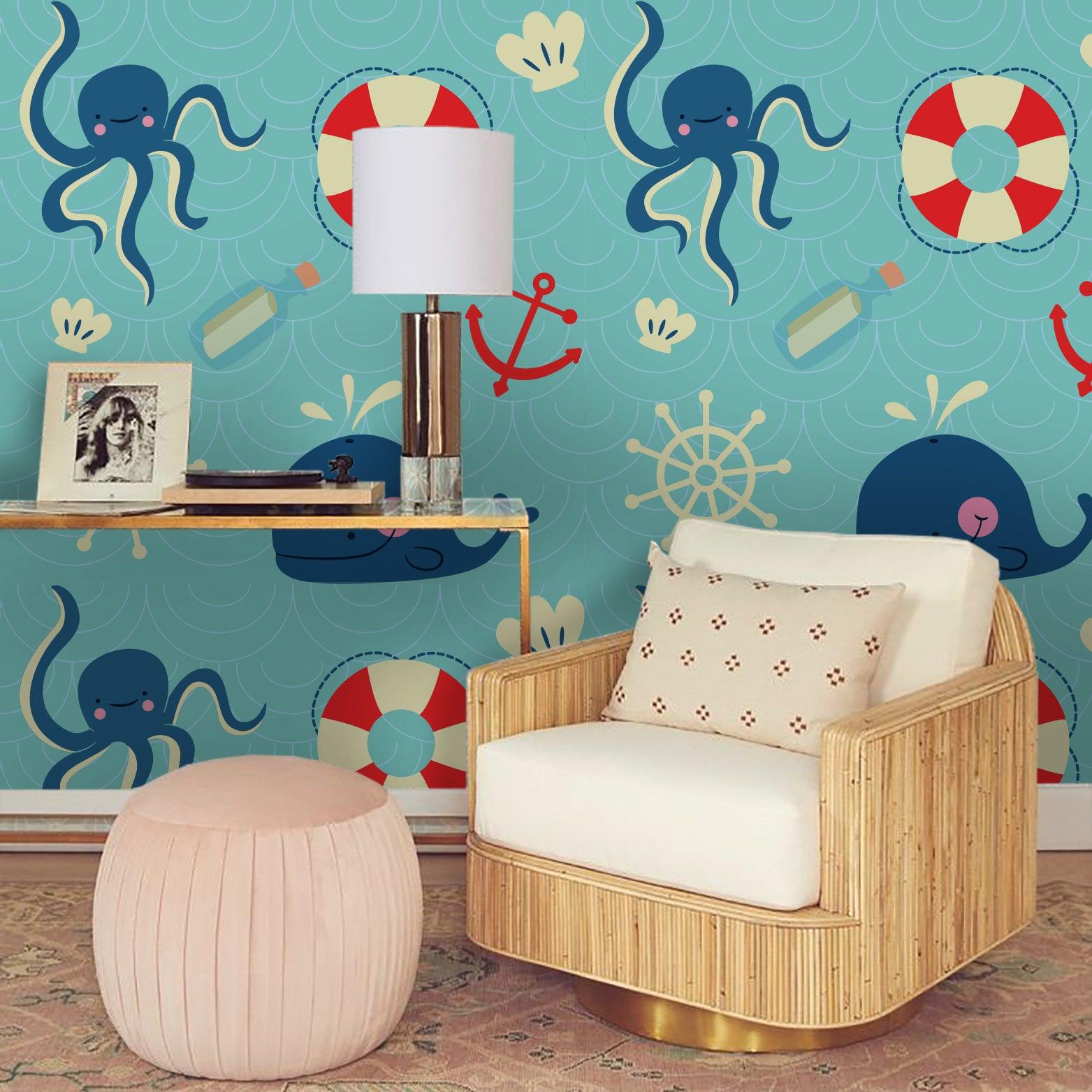 3D Octopus Lifebuoy Wall Mural Wallpaper 114- Jess Art Decoration