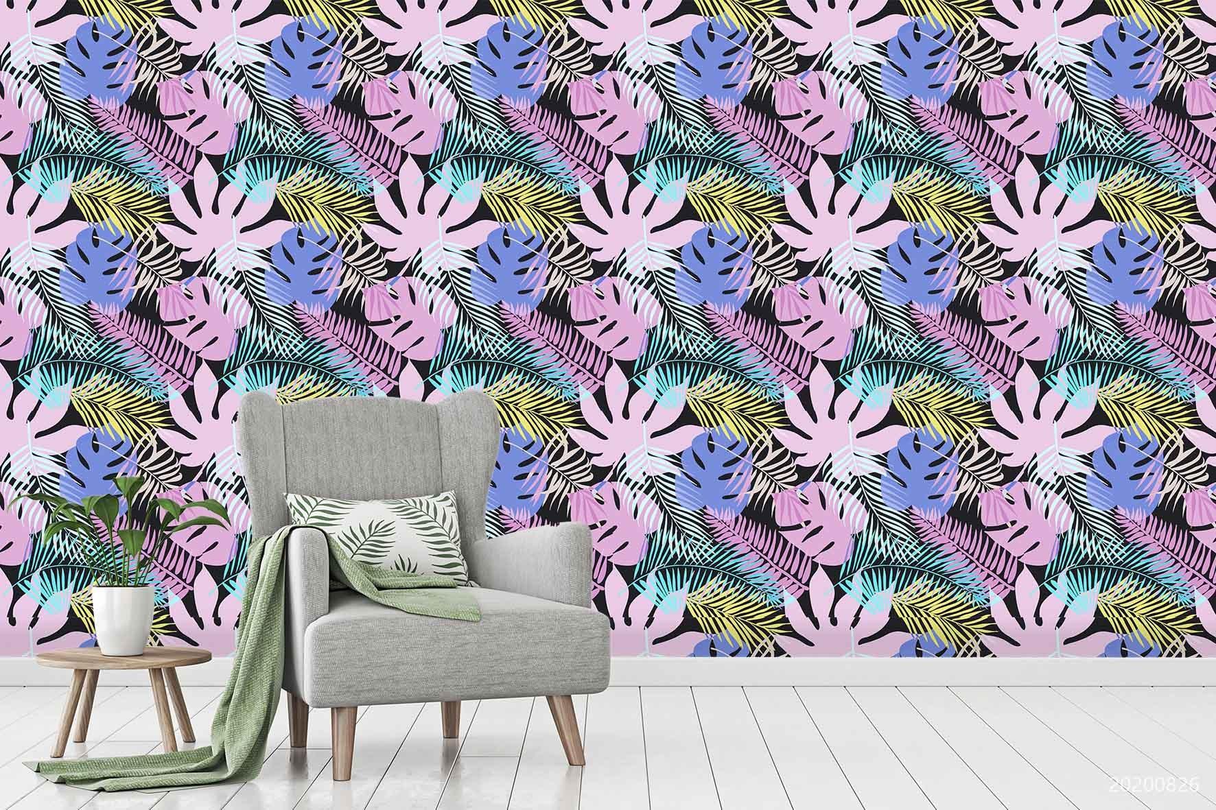 3D Hand Sketching Purple Floral Colorful Leaves Plant Wall Mural Wallpaper LXL 1336- Jess Art Decoration