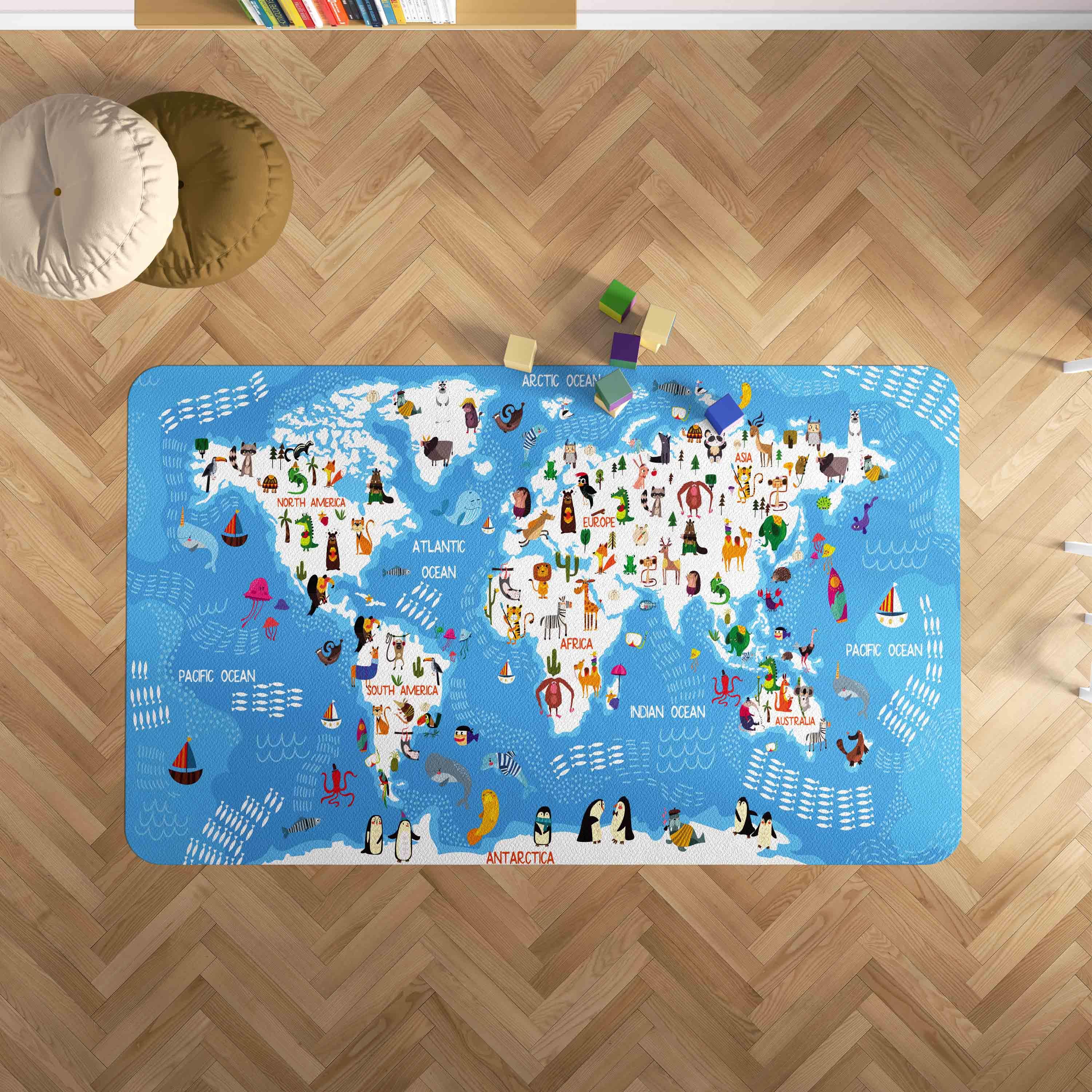 3D World Map Blue Non-Slip Rug Mat 176- Jess Art Decoration